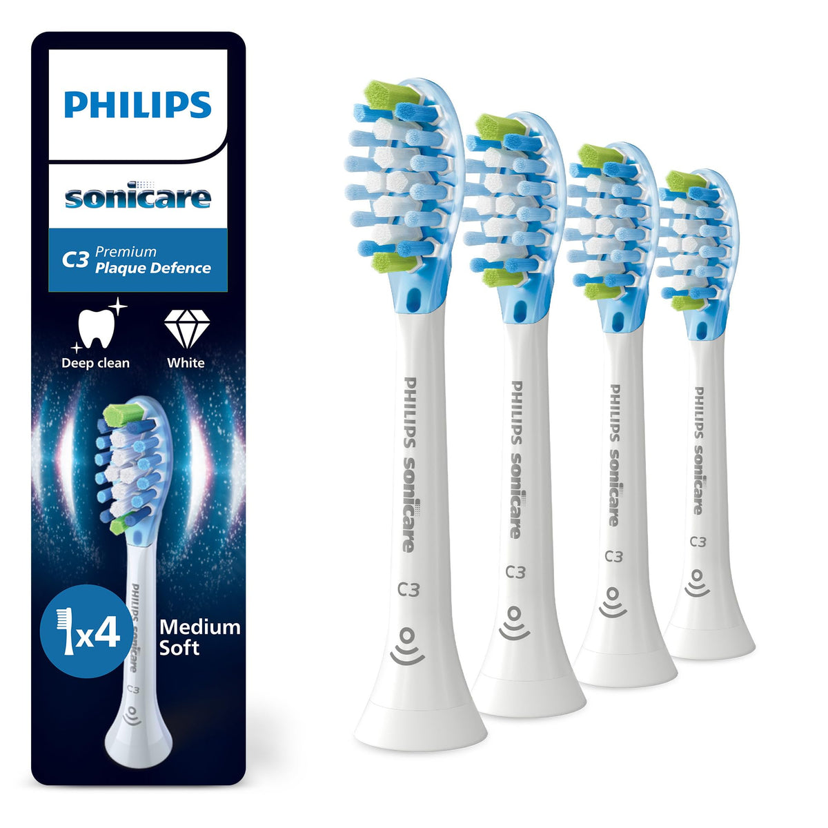 Philips Sonicare C3 Premium Plaque Defense, capete de periuță de dinți originale, alb, set de 4, HX9044/87