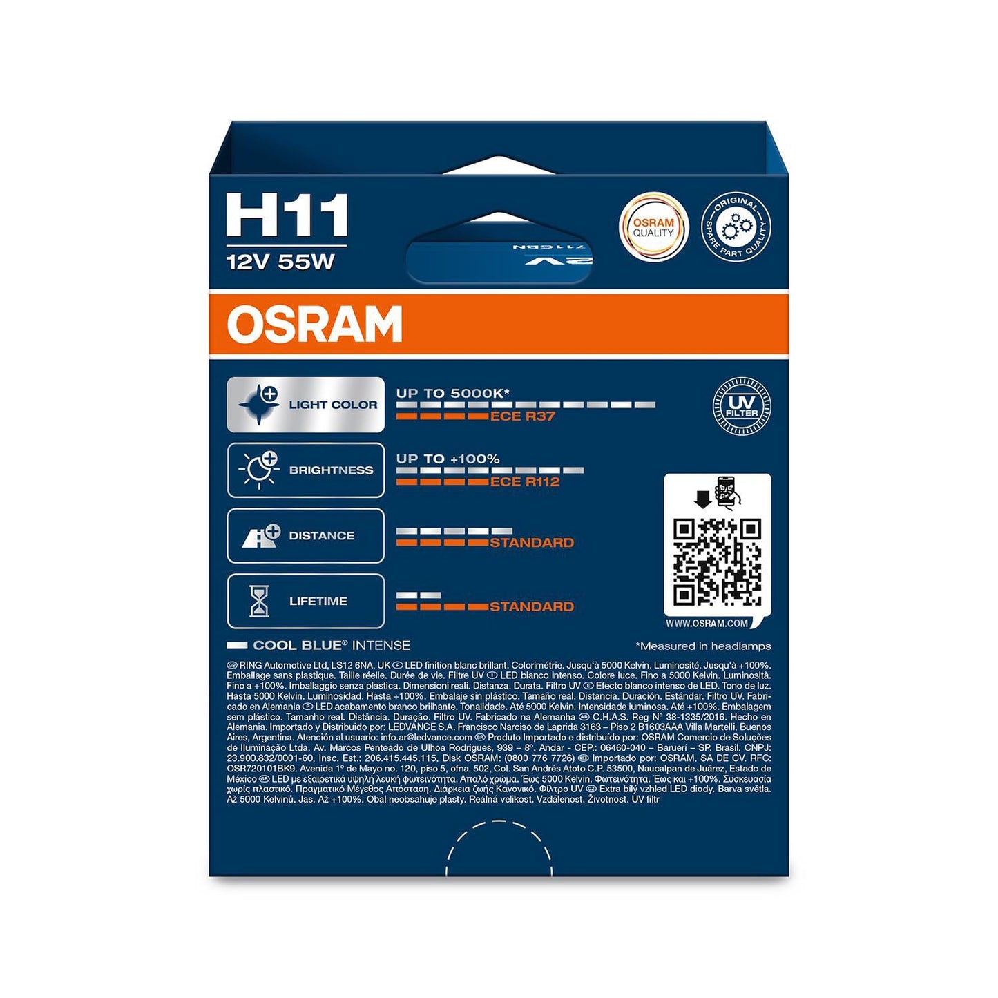 Osram COOL BLUE® INTENSE H11, +100% more brightness, up to 5,000K, halogen headlight lamp, LED look, Hanging folding box (2 lamps) - 64211CBN-2HB