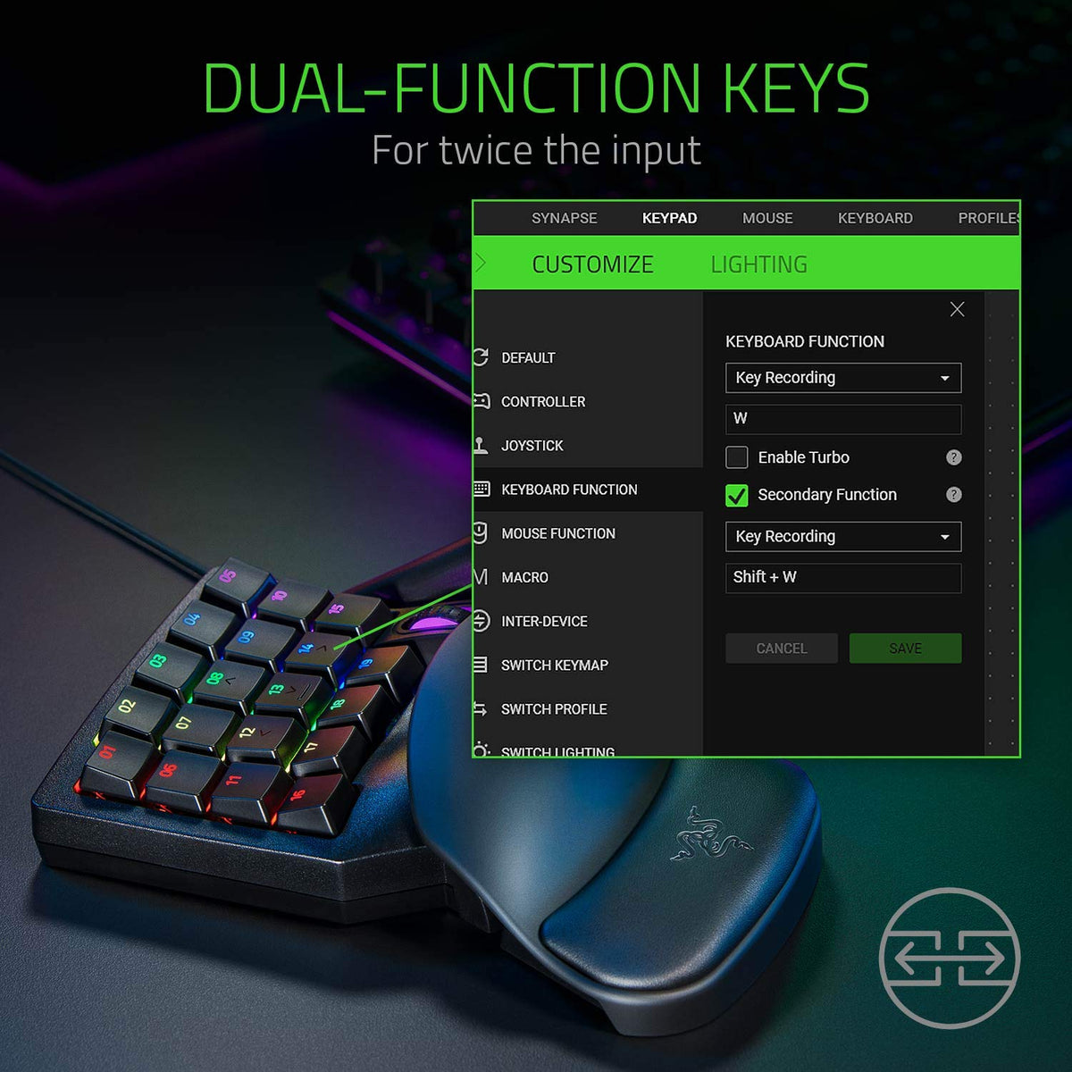 Razer Tartarus Pro - Gaming Keypad (Gamepad with analog-optical keys, 32 programmable keys, adjustable actuation point, profiles, wrist rest, Rapid Trigger) Black - RZ07-03110100-R3M1