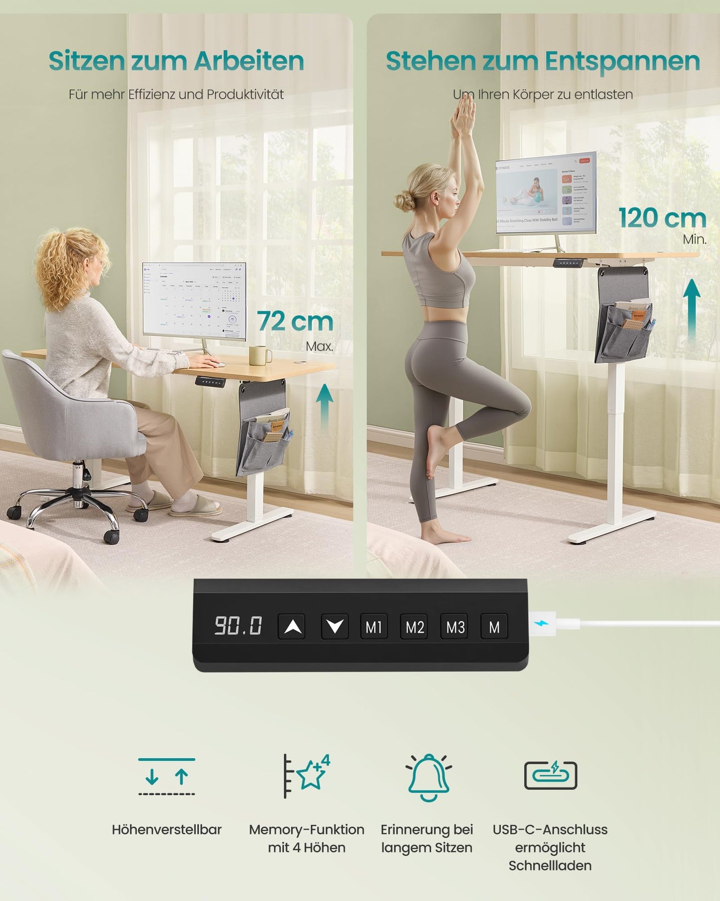 SONGMICS Electric height-adjustable desk, 140 x 60 cm, memory function with 4 heights, USB-C port, golden oak color LSD134YA01 - LSD026X01
