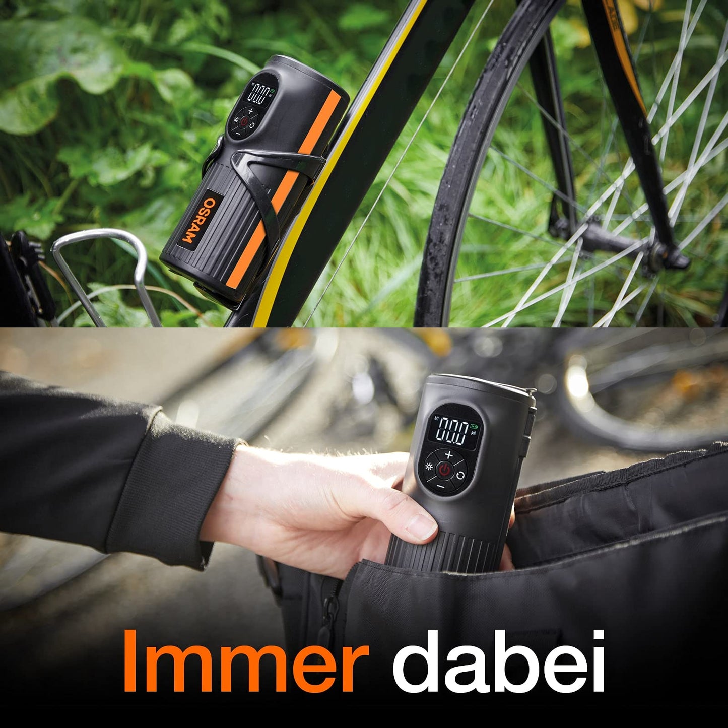 OSRAM TYREinflate 2000, compact rechargeable tire pump with LED light, portable compressor for tires, power connection via USB, tire filling in 2 minutes - OTIR2000