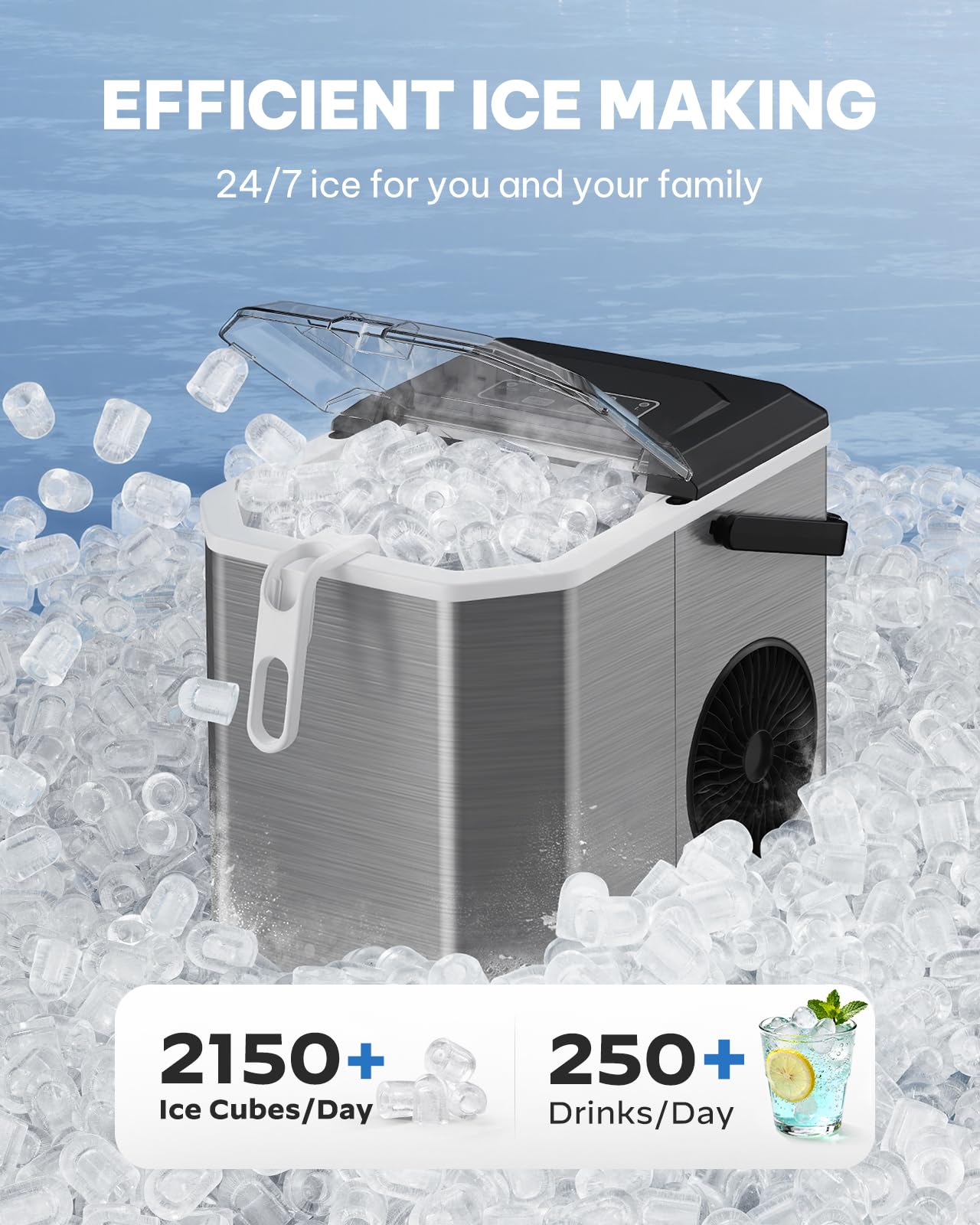 Silonn Ice Cube Machine with Handle Ice Cube Basket - Portable & Self-Cleaning, Mini Ice Maker 9 Ice Cubes/6 Min. 12 KG/Day, Simply Remove Ice Cubes and Use Anywhere - SLIM21T-E