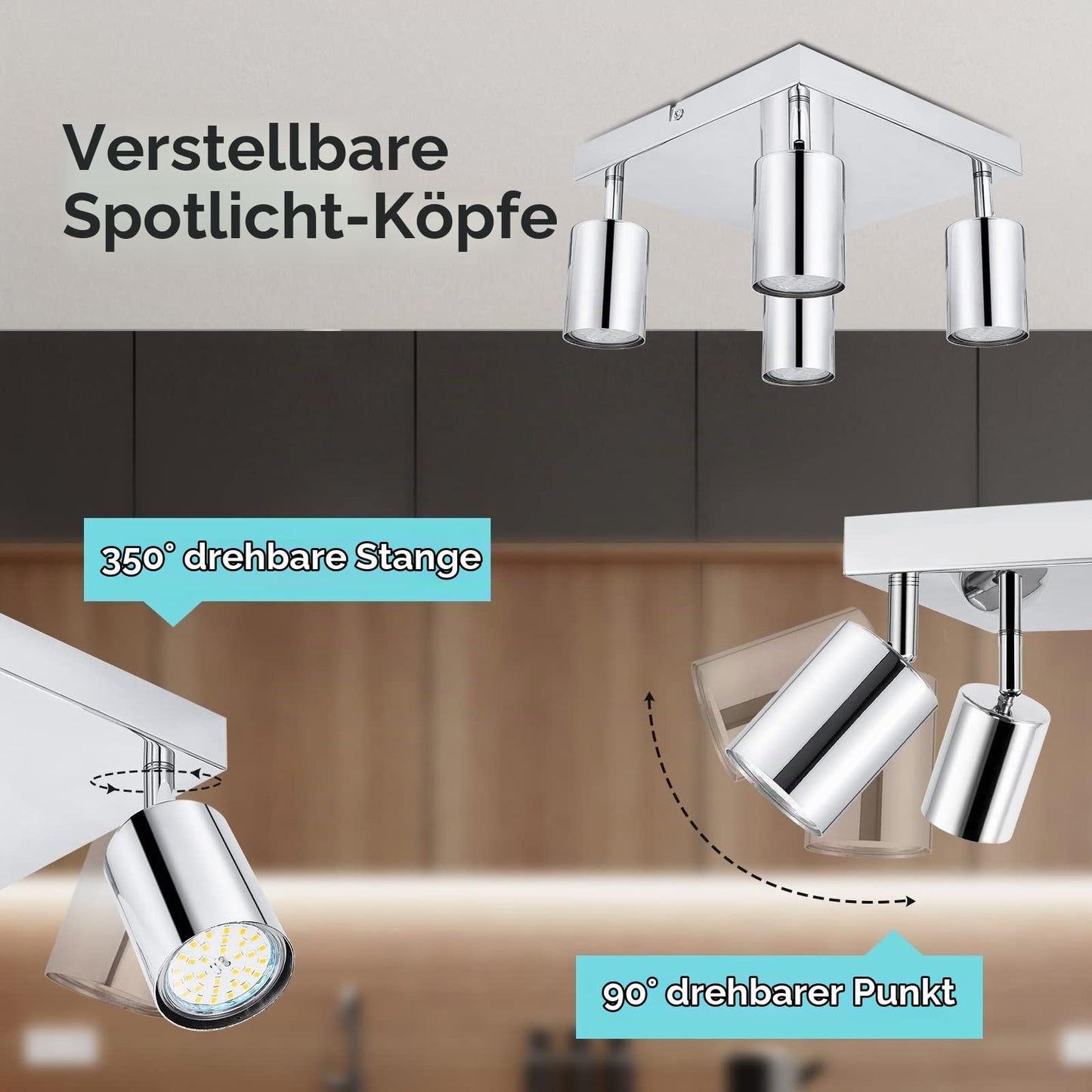 Dehobo LED ceiling spotlight 4 bulbs square swivel 350°, ceiling light spotlight GU10 ceiling lamp kitchen lamp ceiling spot for living room bedroom hallway, no GU10 bulb - D0460
