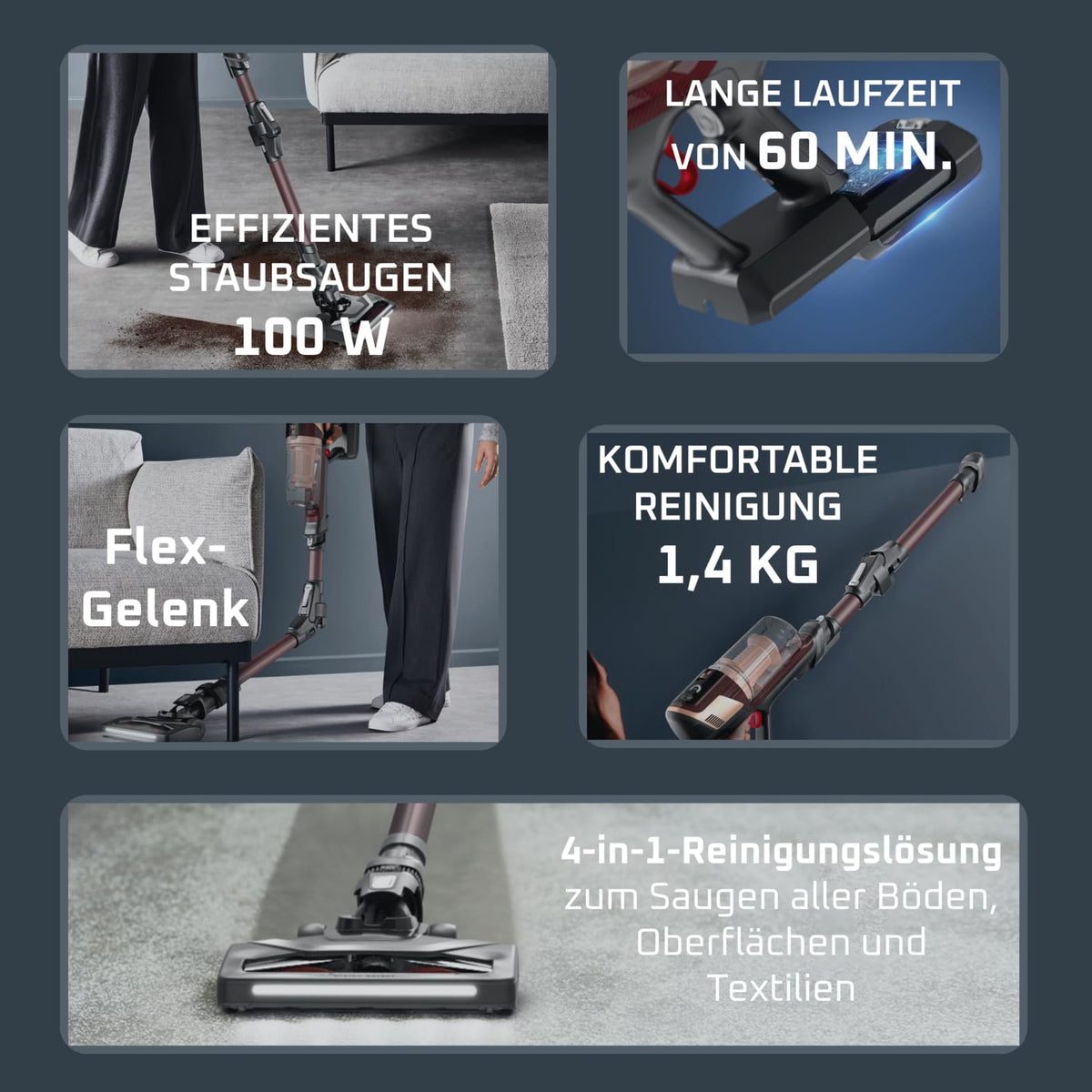 Rowenta X-Pert 6.80 Flex cordless vacuum cleaner, powerful 100 AW, long runtime of up to 60 minutes, LED nozzle, only 1.4 kg as a handheld vacuum, includes pet hair accessories, wine red, RH6493E0
