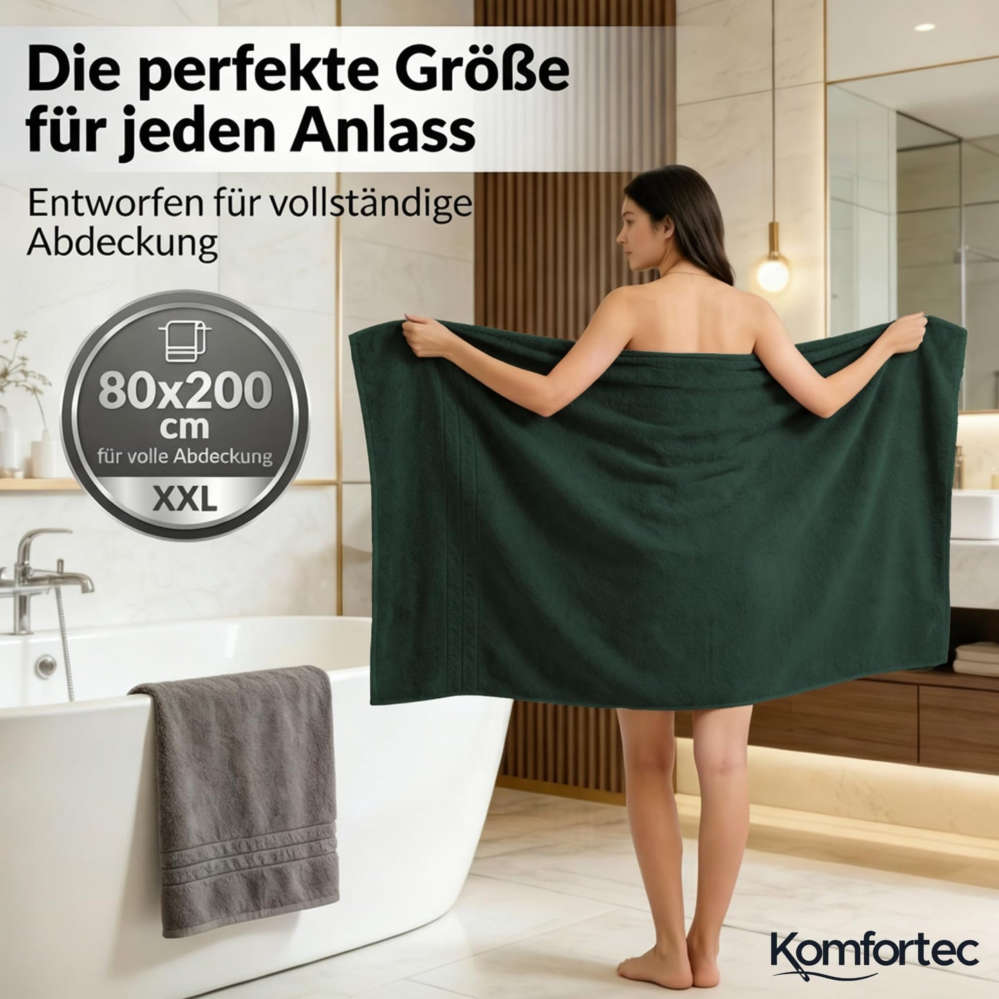 Komfortec 2 sauna towel set 80x200 cm, large sauna towels made of 100% cotton, sauna towels, fluffy and absorbent, quick-drying, anthracite gray/dark green - 2er-80x200-anthrazit-dunkelgrun