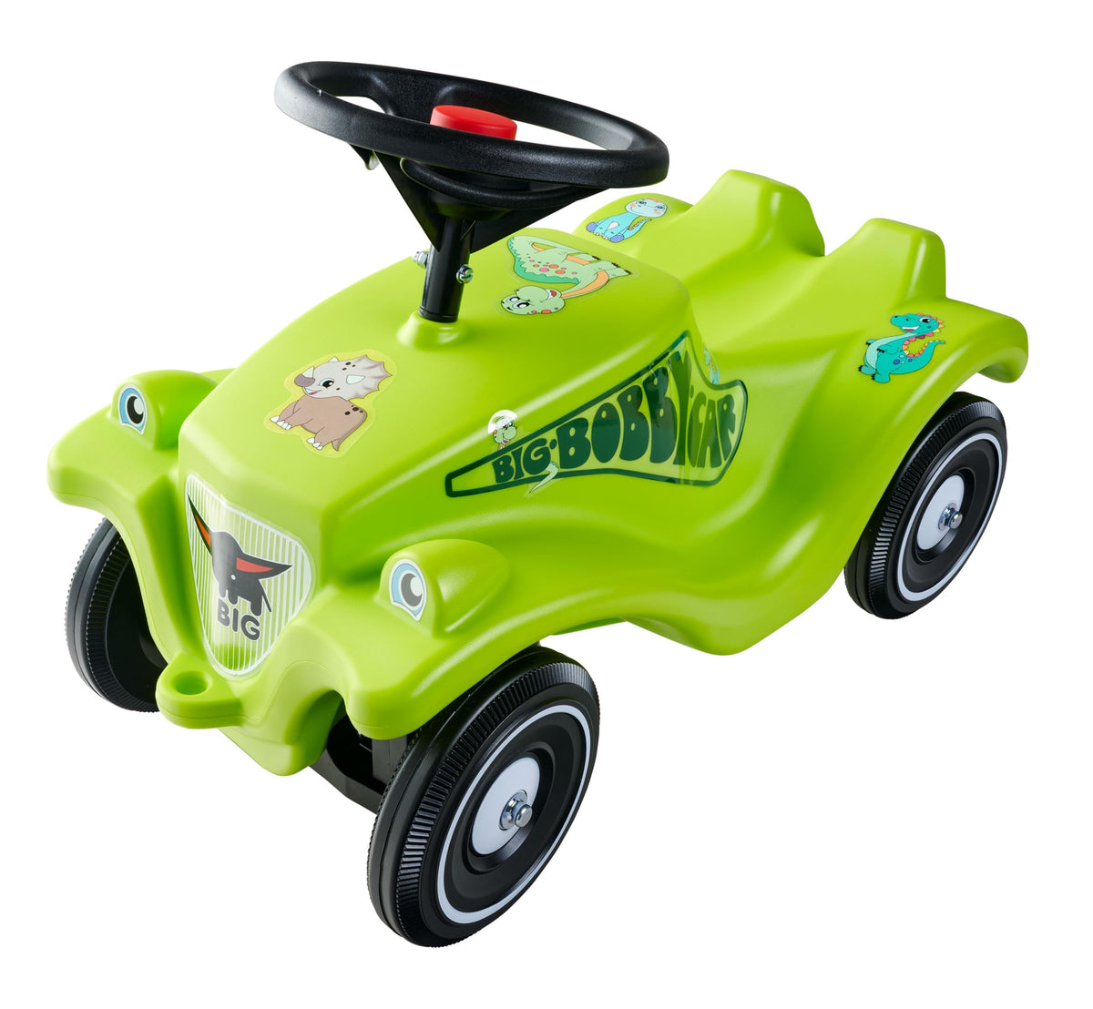 Big Bobby Car Classic Dino - Ride-on car for children from 1 year old in colorful dinosaur design with a black safety steering wheel and horn, suitable for kids from 12 months (up to 50 kg), green with stickers. - 800056143