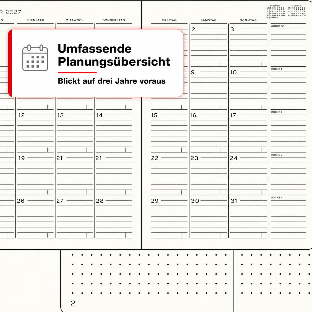 LEUCHTTURM1917 planificator lunar cu caiet 2027 Compoziție (B5) - germană, floarea soarelui, copertă moale, 178 x 254 mm, 16 luni (01.11.2026-28.02.2028), 132 pagini de note punctate cu cuprins - 400172