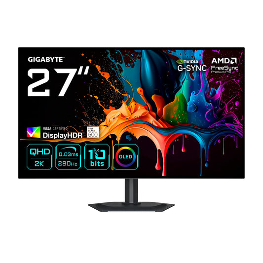 Gigabyte MO27Q28G Monitor de gaming OLED QHD de 27" - 2560 x 1440, 280Hz, 0,03ms, 335 cd/m², Display HDR True Black 500, HDMI 2.1, DisplayPort 1.4
