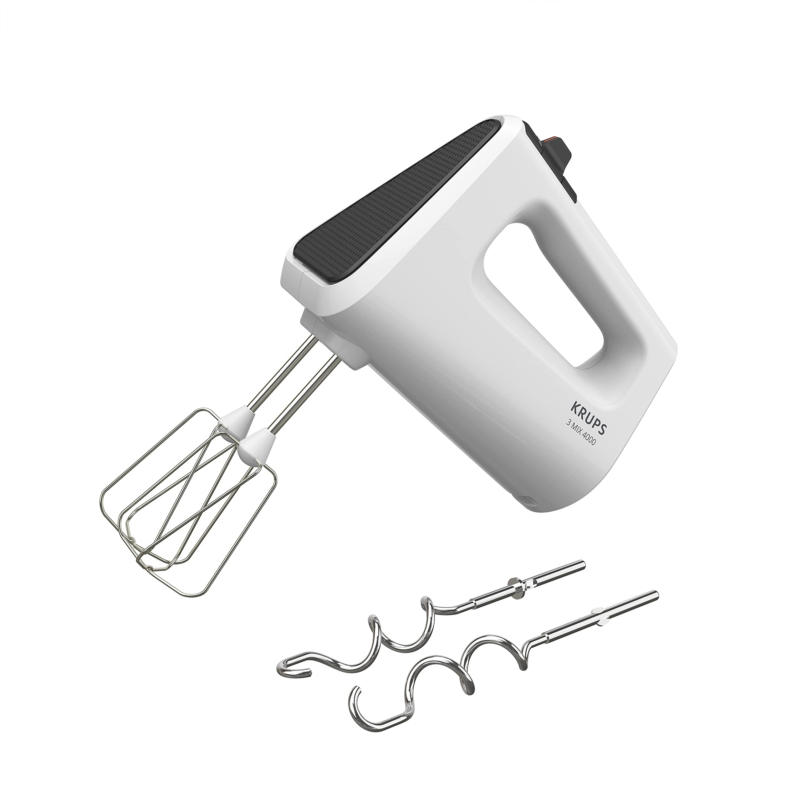 Krups 3 Mix 4000 hand mixer, 450 watts, robust design, variable speed control, turbo and ejection function, including 2 beaters and 2 dough hooks, white/gray, GN4001