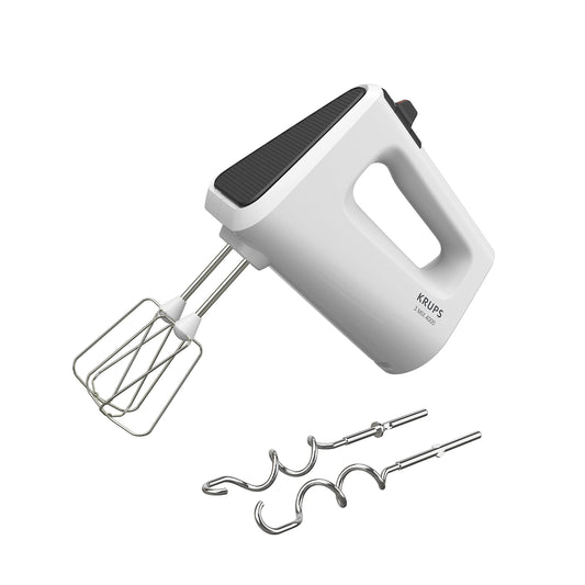 Krups 3 Mix 4000 hand mixer, 450 watts, robust design, variable speed control, turbo and ejection function, including 2 beaters and 2 dough hooks, white/gray, GN4001
