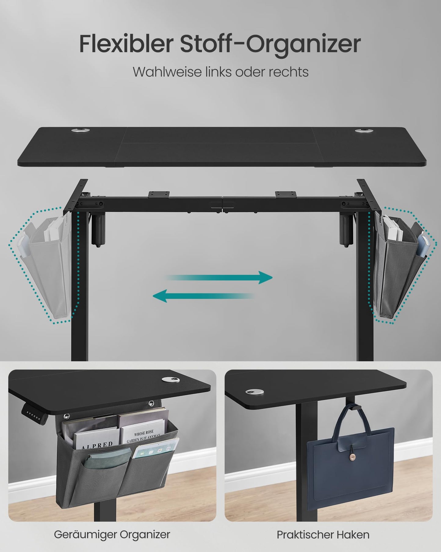 SONGMICS Height-adjustable desk electric, 120 x 60 cm, adjustable table, memory function for 4 heights, for office, ink black LSD132B01 - LSD015X01