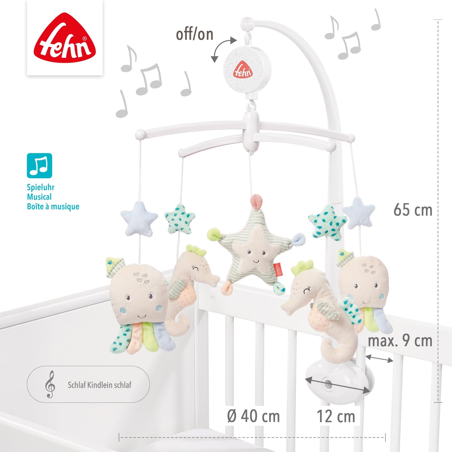 Fehn Music Mobile Sea Children - Baby Sleep Aid Music Toy - Music Box Melody "Sleep Child Sleep" - Music Mobile Baby Bed Accessories Toy for Babies and Newborns from 0-5 Months - 00054118