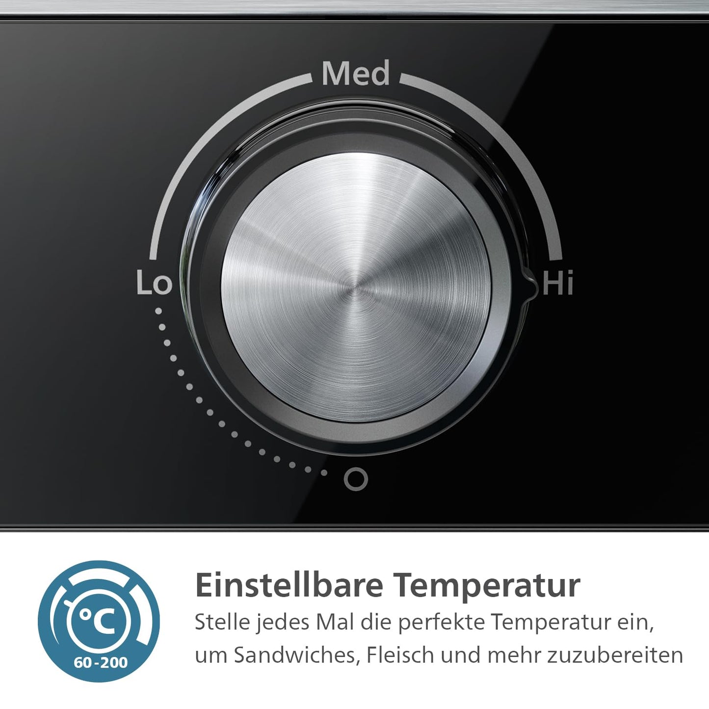 Philips contact grill - adjustable temperature 60°C-200°C. Can be opened 180°. Large grill area and high power performance. Removable non-stick plates and fat drip tray. (HD6301/90)