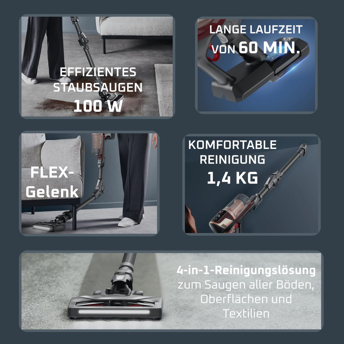 Rowenta X-Pert 6.80 Flex cordless vacuum cleaner, powerful 100 AW, long runtime up to 60 minutes, LED nozzle, handheld vacuum only 1.4 kg, includes pet hair accessories, wine red/black, RH6495E0