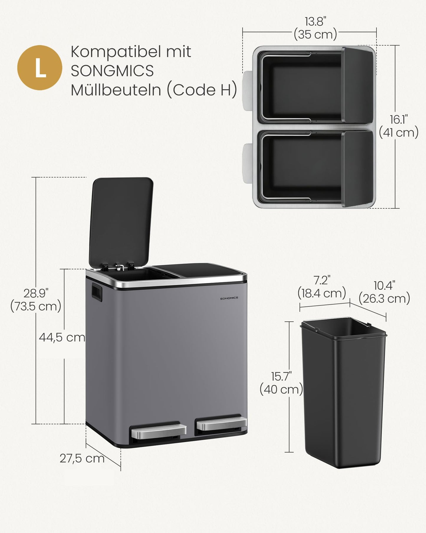 SONGMICS kitchen trash can, 2 x 15 liters, trash separation system 2 compartments, including 15 trash bags, trash can, pedal bin, recyclable waste, organic waste, soft close lid, matt gray LTB030G01
