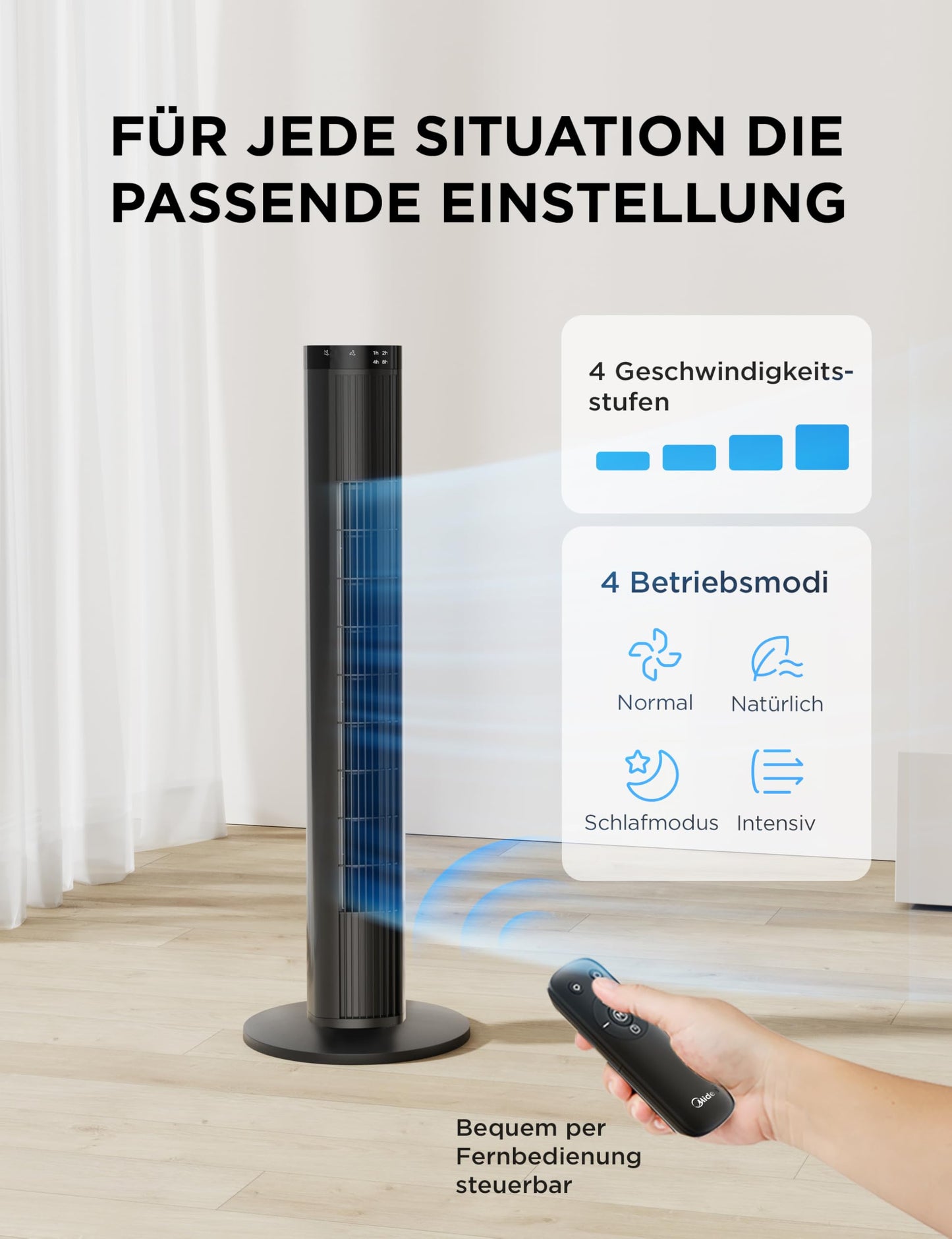Midea tower fan with remote control FZ10-26MR(BL), 97 cm, 33 dB quiet, 90° oscillation, 15H timer, LED display, 4 speeds & 4 modes, for bedroom & office, black