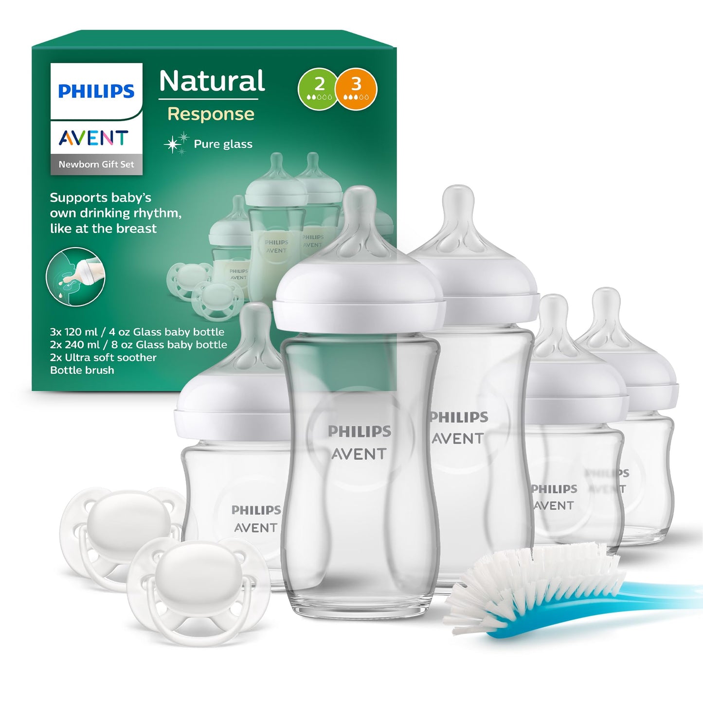 Philips AVENT Natural Response Glass Gift Set for Newborns - 3 x 120ml and 2 x 240ml Baby Bottles, 2 x Ultra Soft Pacifiers 0-6 Months, Bottle Brush, BPA Free (Model SCD879/11)