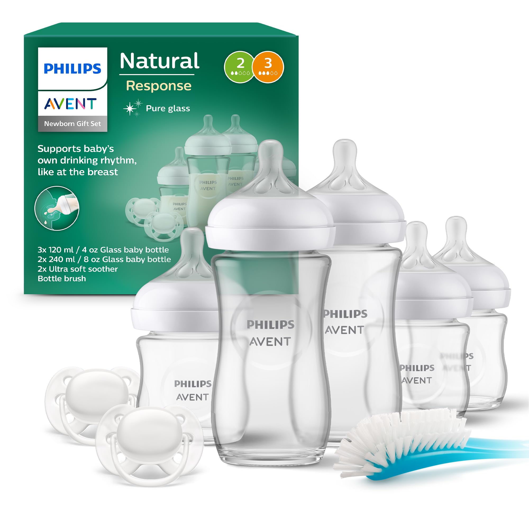 Philips AVENT Natural Response Glass Gift Set for Newborns - 3 x 120ml and 2 x 240ml Baby Bottles, 2 x Ultra Soft Pacifiers 0-6 Months, Bottle Brush, BPA Free (Model SCD879/11)