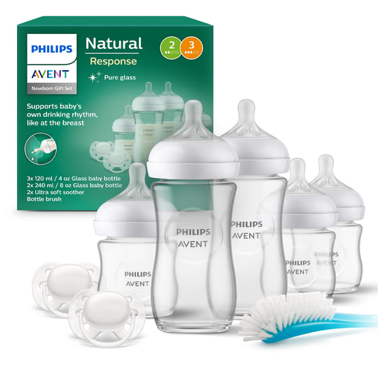 Philips AVENT Natural Response Glass Gift Set for Newborns - 3 x 120ml and 2 x 240ml Baby Bottles, 2 x Ultra Soft Pacifiers 0-6 Months, Bottle Brush, BPA Free (Model SCD879/11)