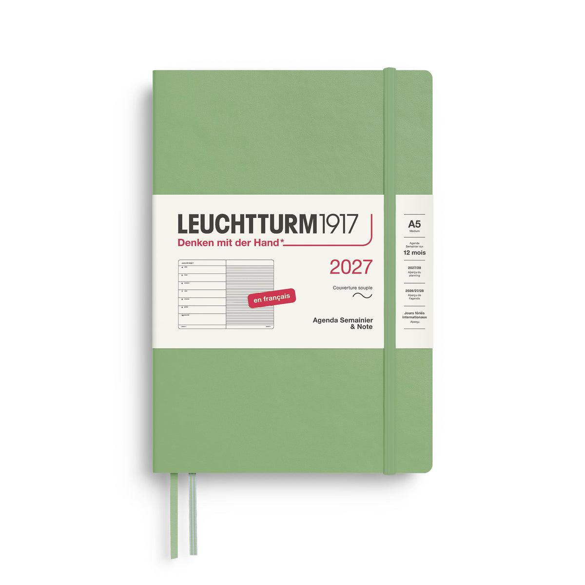 LEUCHTTURM1917 calendar săptămânal 2027 mediu (A5) cu caiet, cu linii - planificator de întâlniri franceză, salvie, copertă moale, ianuarie-decembrie 2027, prezentare săptămânală în stânga + pagina de note în dreapta - 400391