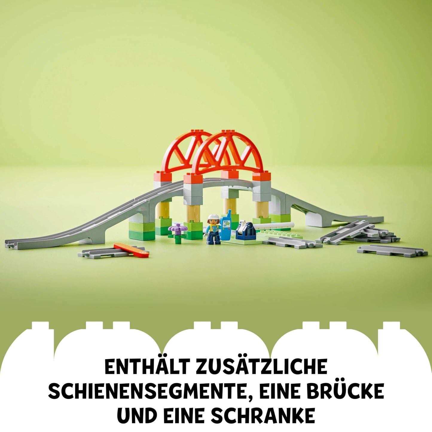 LEGO DUPLO railway bridge and rails - expansion set - educational toy for toddlers - including 8 track pieces, bridge, barrier & action stone - gift for boys and girls aged 2 and over - 10426