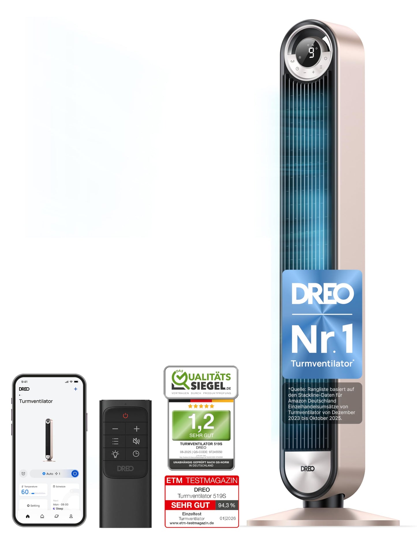 DREO 25dB Smart Quiet Tower Fan with Cooling, 106cm WiFi Alexa Tower Fan, 90° Oscillating Fan, Remote Control 9 Speed 4 Modes 12 Hour Timer Voice Control, Starlight - DR-HTF009S