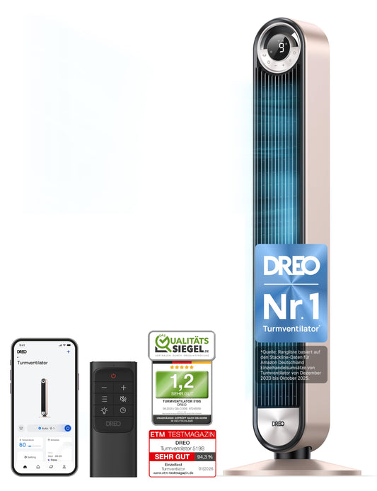 DREO 25dB Smart Quiet Tower Fan with Cooling, 106cm WiFi Alexa Tower Fan, 90° Oscillating Fan, Remote Control 9 Speed 4 Modes 12 Hour Timer Voice Control, Starlight - DR-HTF009S