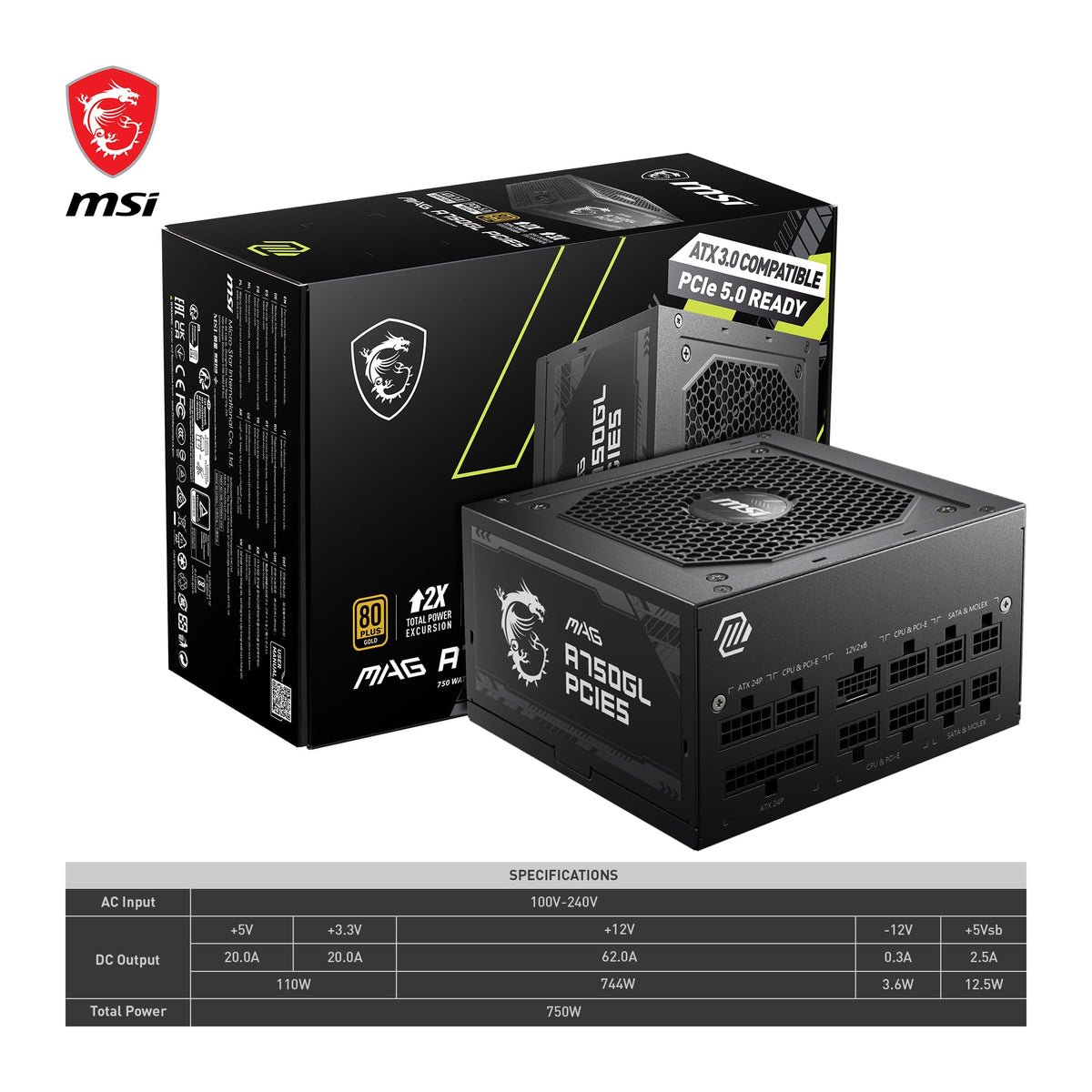 MSI MAG A750GL PCIE5 Sursă de alimentare, 750W, 80 Plus Gold complet modulară, ATX 3.0, suportă GPU PCIe 5.0, ventilator de 120mm FDB cu rulmenți dinamici, Full-Bridge LLC, cabluri plate negre - 7 ani garanție - 306-7ZP8B11-CE0