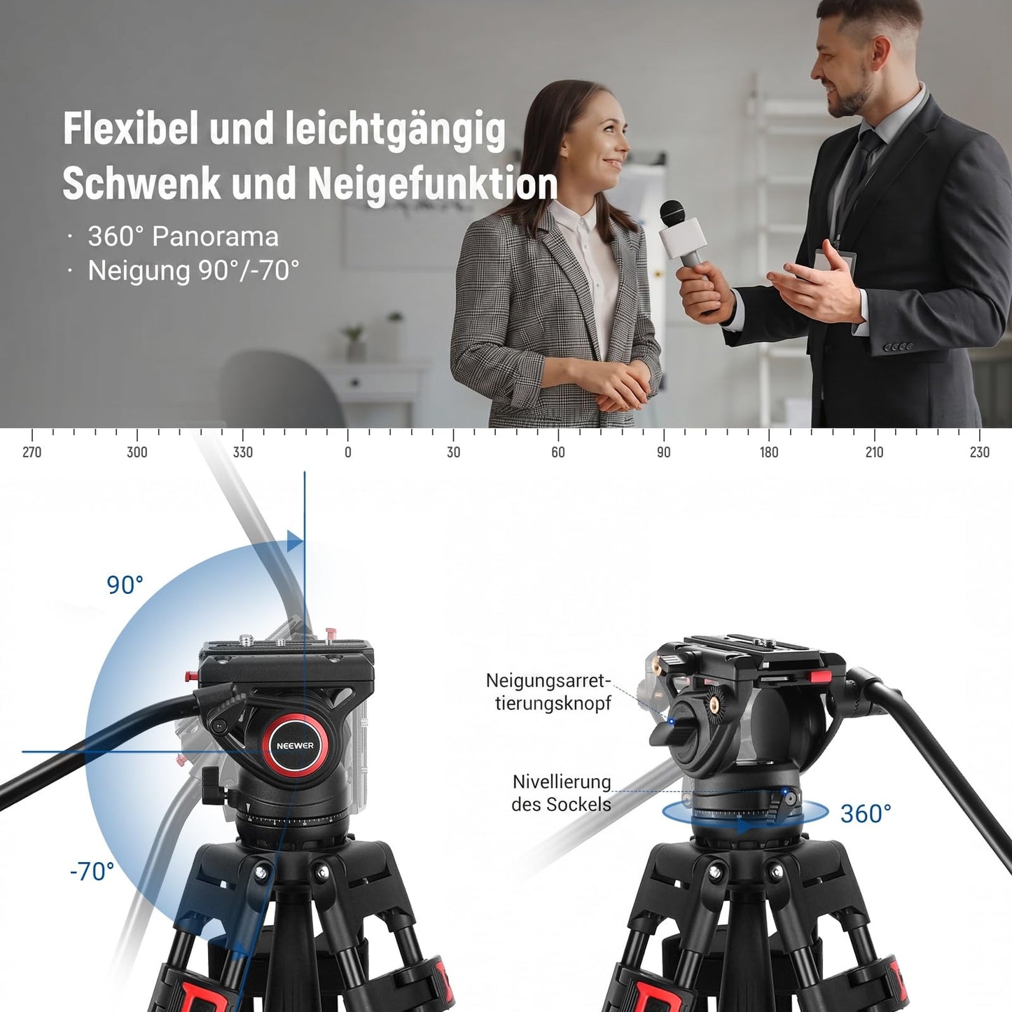 NEEWER 74" Pro Video Tripod with Fluid Head, QR Plate Compatible with DJI RS Gimbals, Heavy Duty Camera Tripod with Telescopic Handle Scaled Base for DSLR, Max Load 17.6lb/8kg, TP74