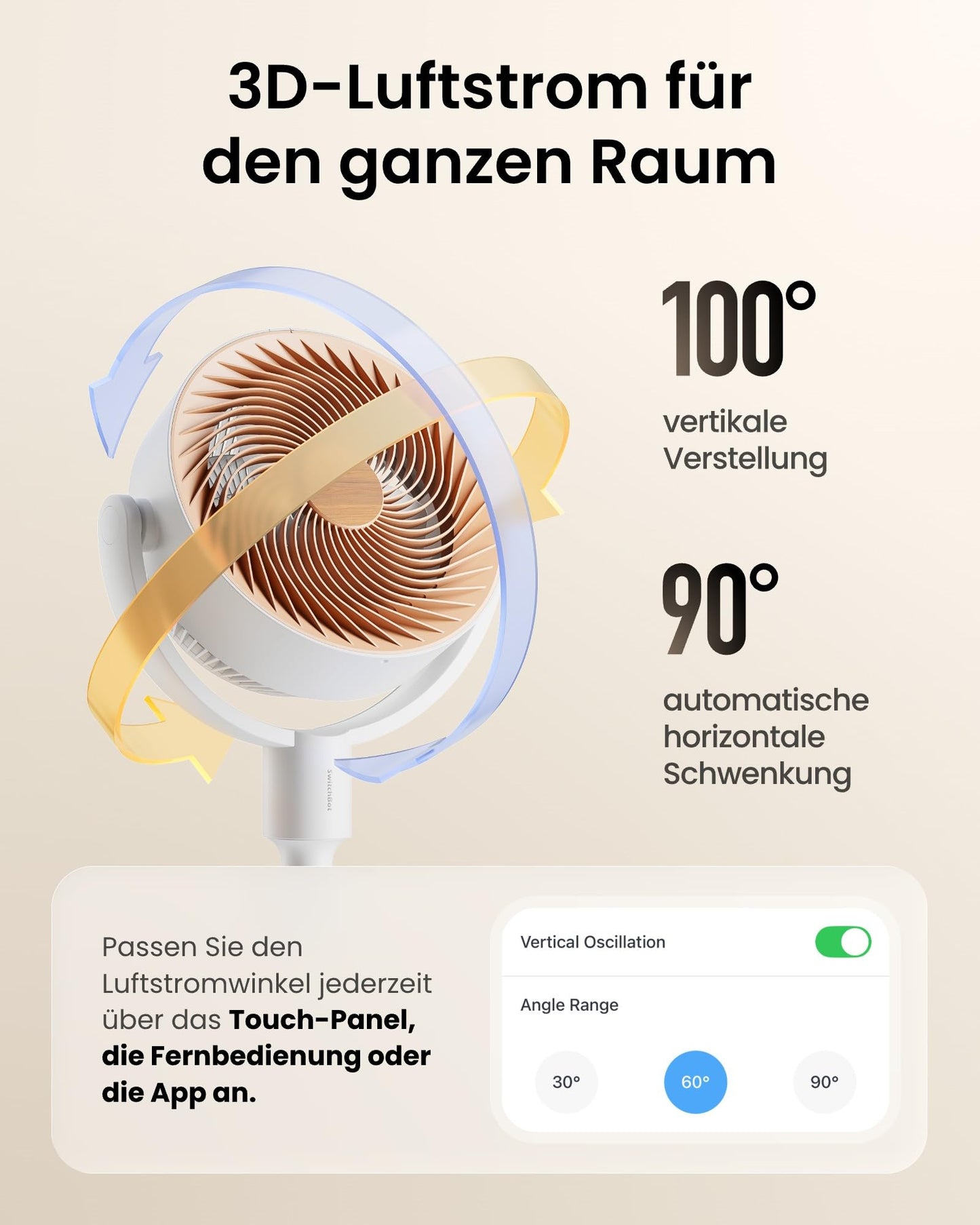 SwitchBot pedestal fan with air circulation with RGB lighting, 22 dB ultra-quiet, remote control, Matter via hub, 9.15 m³/min airflow, height adjustable, 4 modes, 9 speeds, 9h timer - W3800520