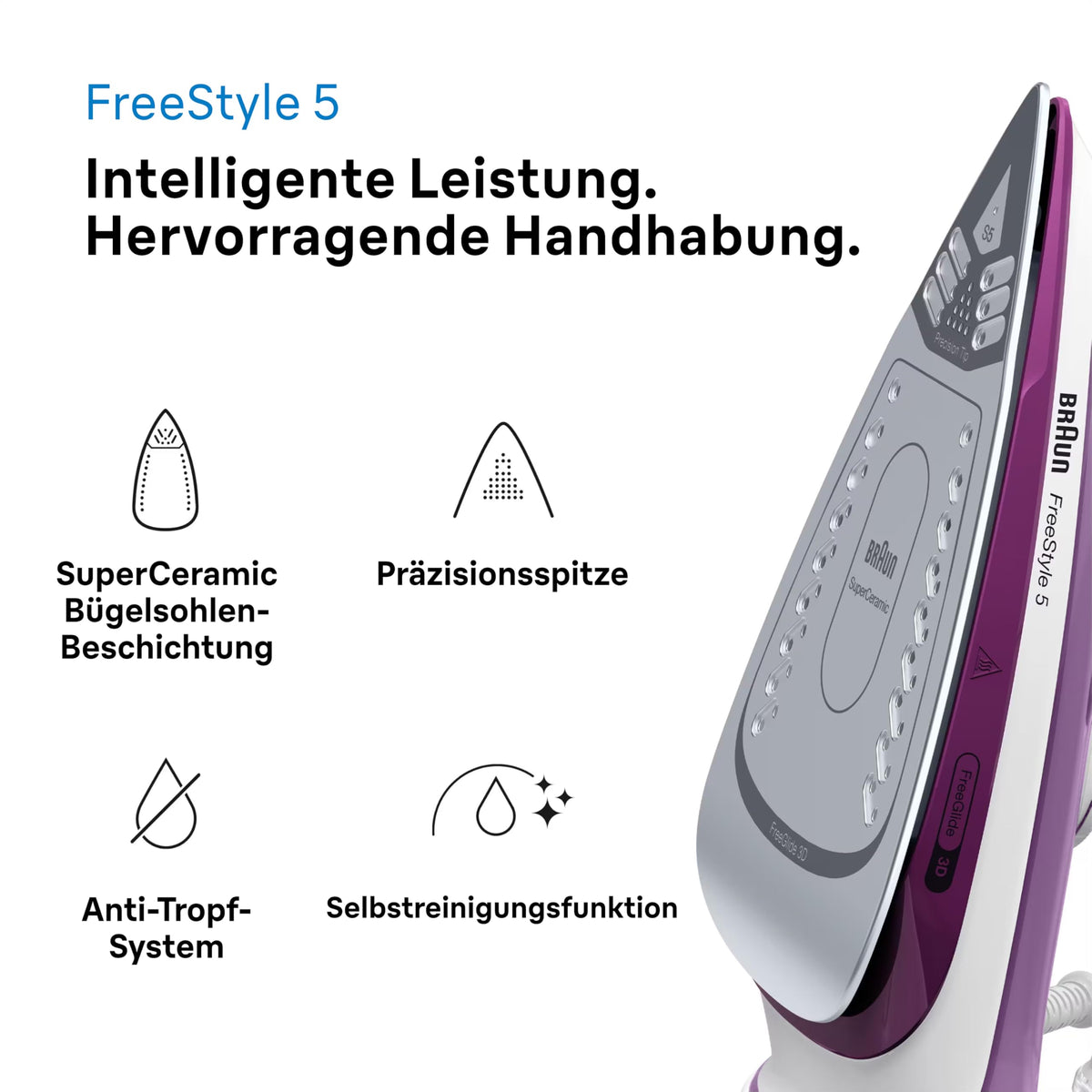 Braun FreeStyle 5 Steam Iron SI 5037 VI - Iron with Freeglide 3D soleplate, vertical steam, 2700 Watts, steam boost of 200 g/min, 330 ml water tank, Violet - SI5037VI