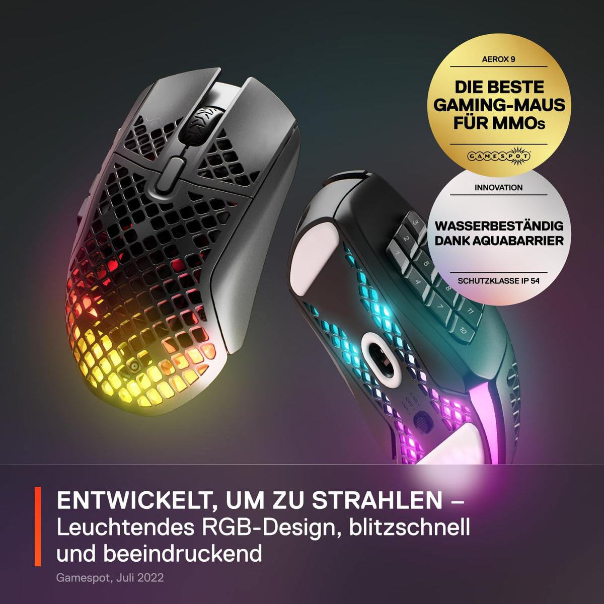 SteelSeries Aerox 9 Wireless - Mouse de gaming RGB cu deschideri în suprafață - Design ultra-ușor, rezistent la apă - 18 butoane - Bluetooth/2,4 GHz - Senzor optic TrueMove Air cu 18.000 DPI - 62618