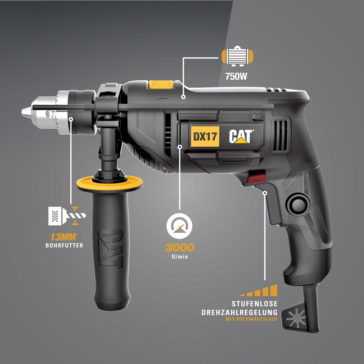 CAT DX17 Impact Drill, 13 mm, 750W, 3000 RPM speed, 48,000 BPM impact rate, variable speed control, (includes depth stop, additional handle, and chuck key)