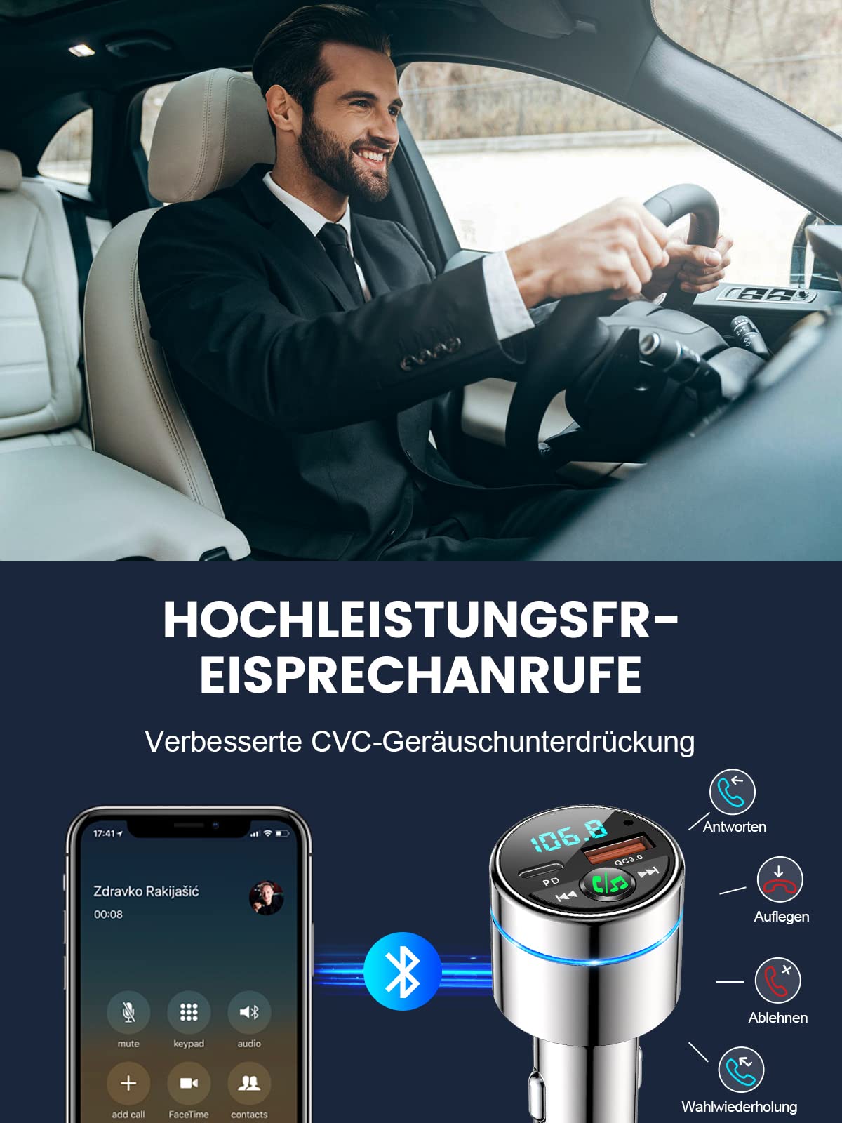 Mohard FM Transmitter Car Bluetooth 5.3, All-Metal PD 30W & QC3.0 18W Fast Car Charger Cigarette Lighter, Car Bluetooth Adapter Car Hands-Free System, Radio Frequency Transceiver, Ring Light - BC61