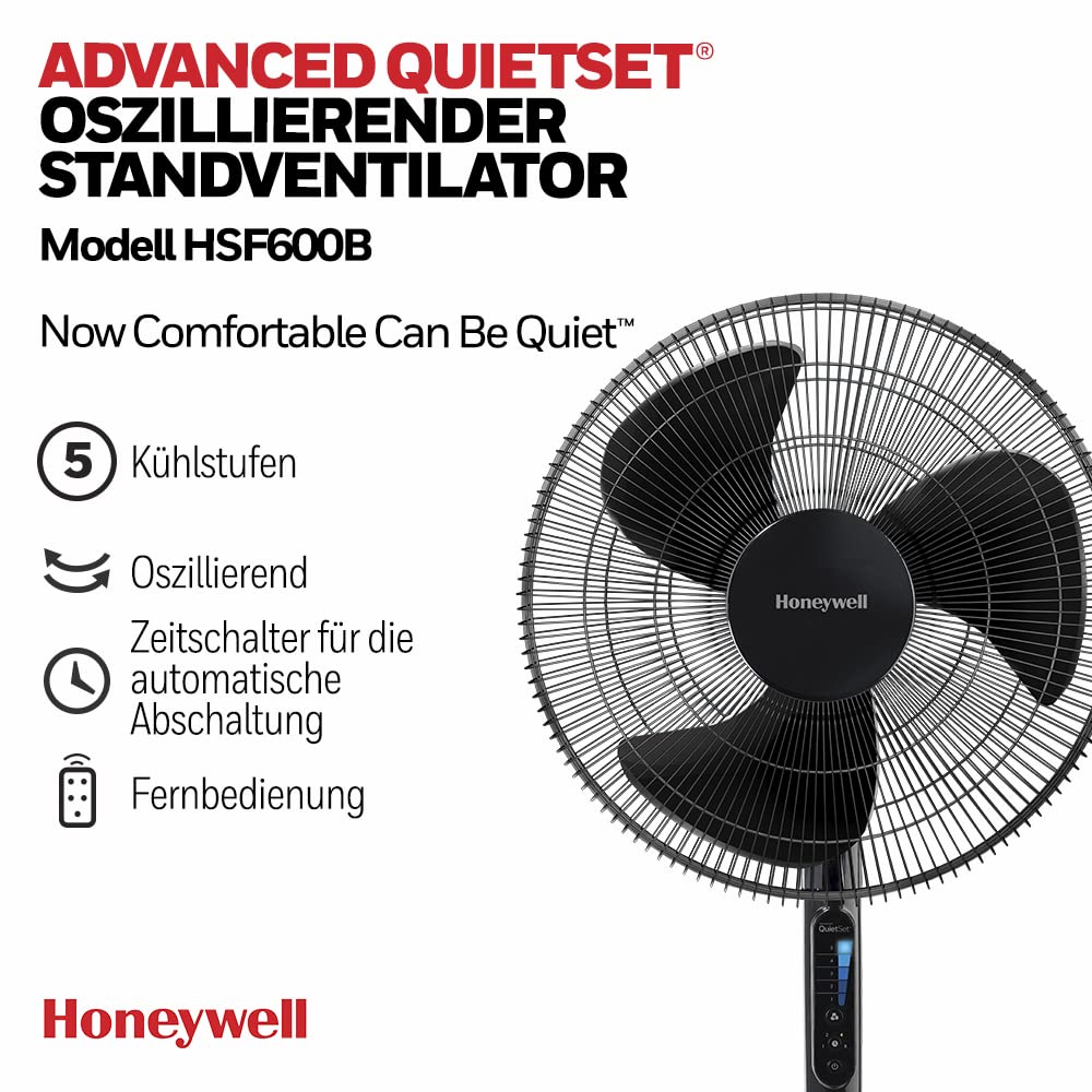 Honeywell Advanced QuietSet Oscillating Pedestal Fan (5 Speed Settings, Timer Function, 70° Oscillation, Height Adjustment, Remote Control, Easy to Use) HSF600B - HSF600BE4