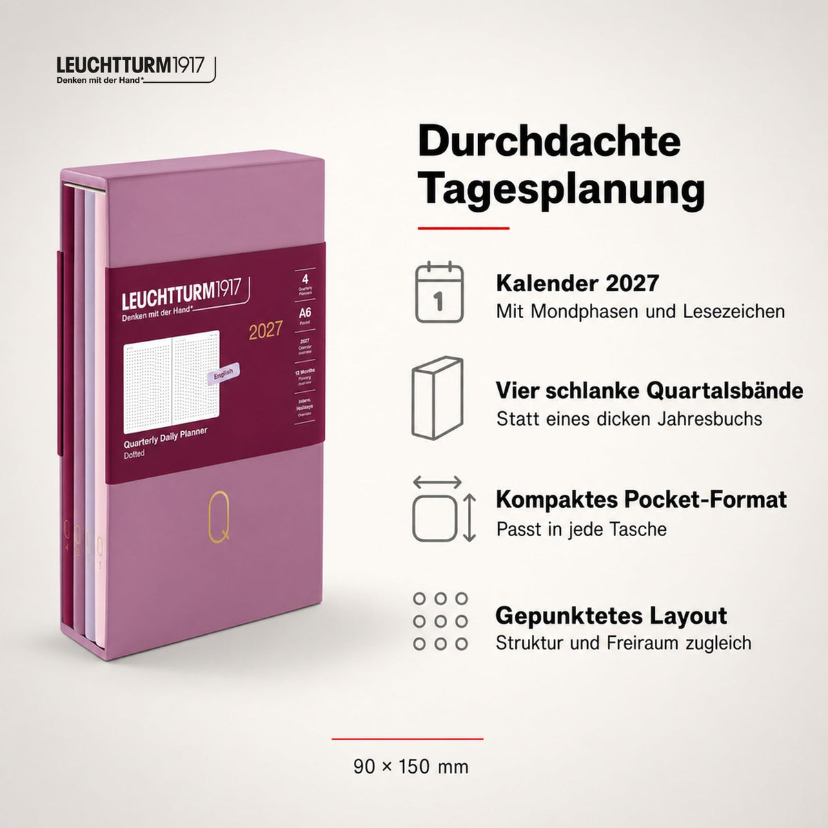LEUCHTTURM1917 Quarterly Daily Calendar 2027 Dotted, Pocket (A6), Flexcover, Set of 4 (1 calendar per quarter), Shades of Rose, Calendar Overview 2027, 12-Month Planning, Moon Phases & International Holidays - 400373