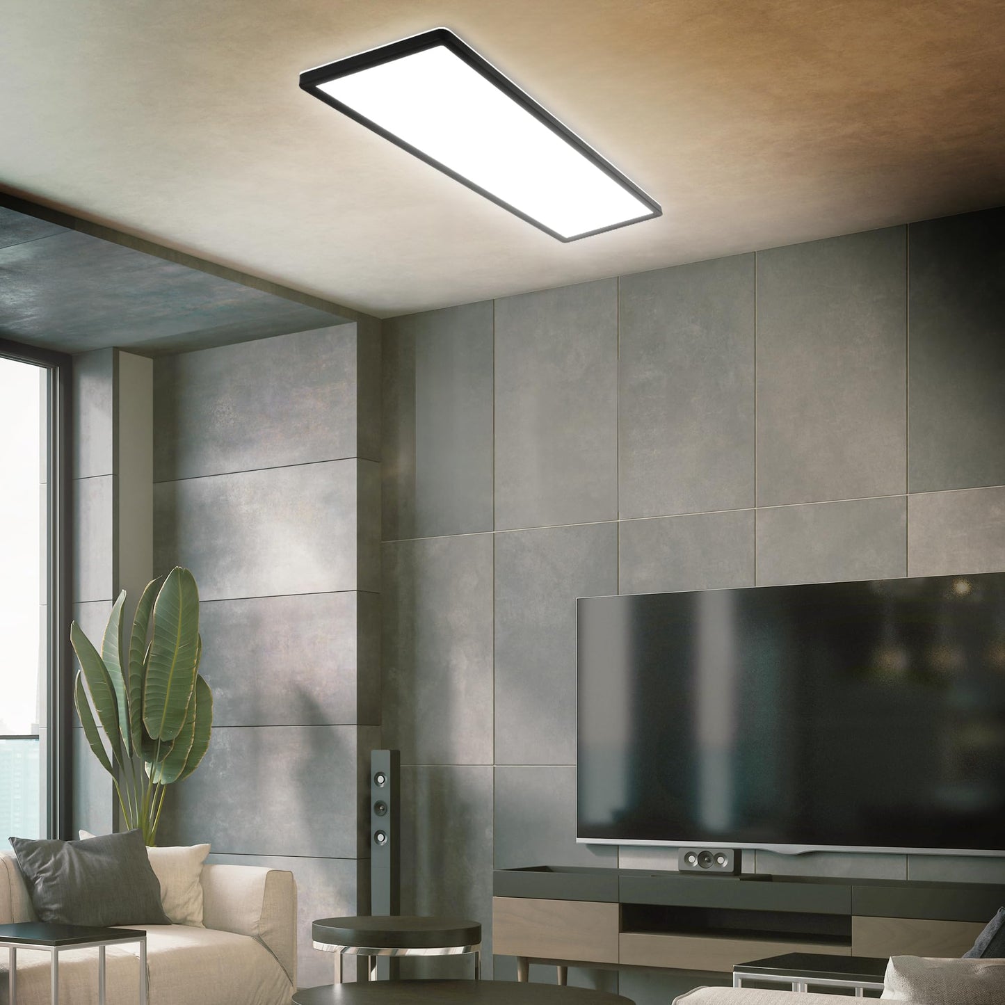BRILONER - LED ceiling lamp with indirect light, 58x20 cm, flat, 22W 3,000lm, neutral white light color, living room lamp, ceiling light, living room lamp, LED panel, kitchen lamp, bedroom, black - 7402-415