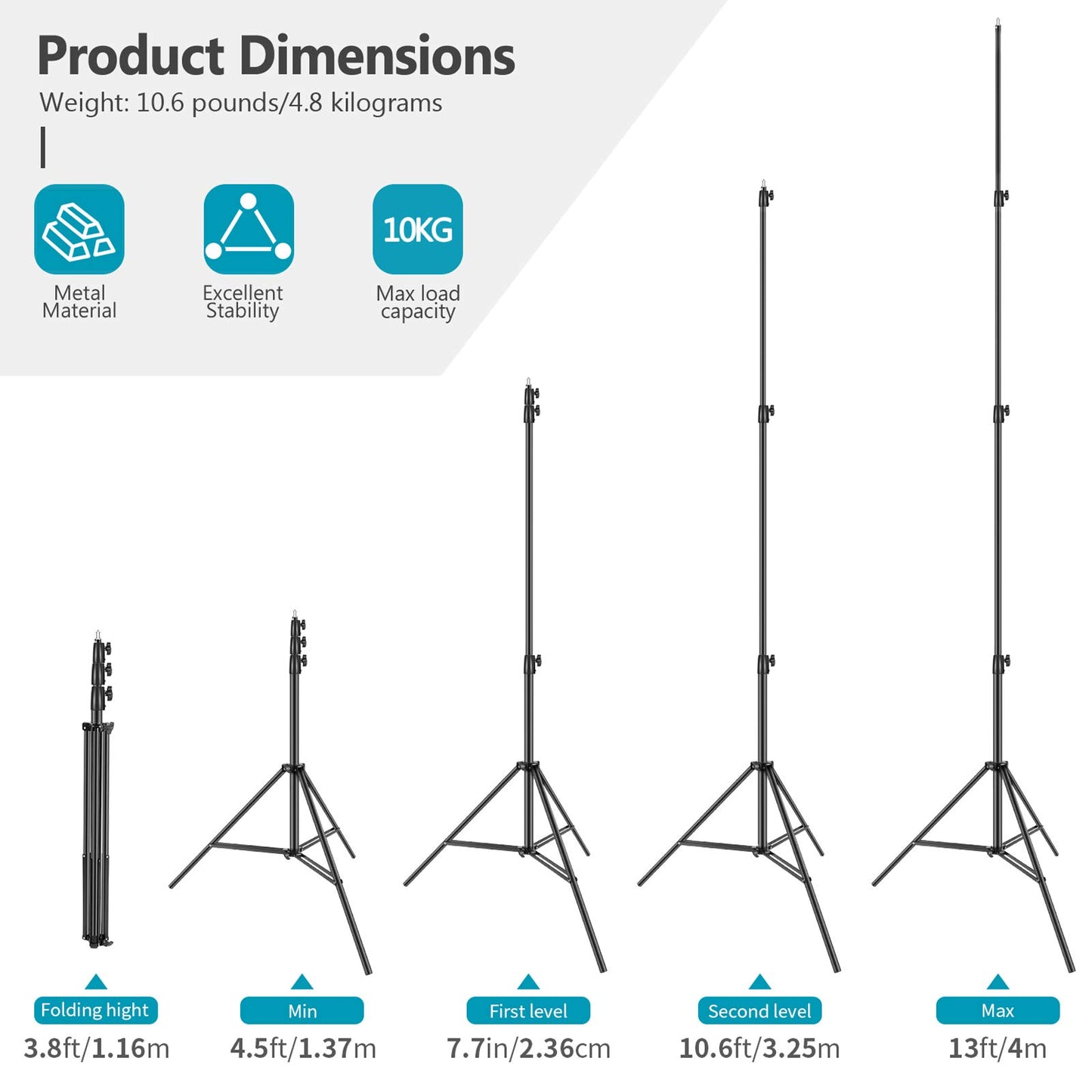 NEEWER Heavy Duty Light Stand Metal 13ft/4m Adjustable Photography Tripod with Built-in Spring Cushion and 1/4" Screw for Studio LED Light Flash Continuous Light, Maximum Load: 22lb/10kg, Black - 400cm/1