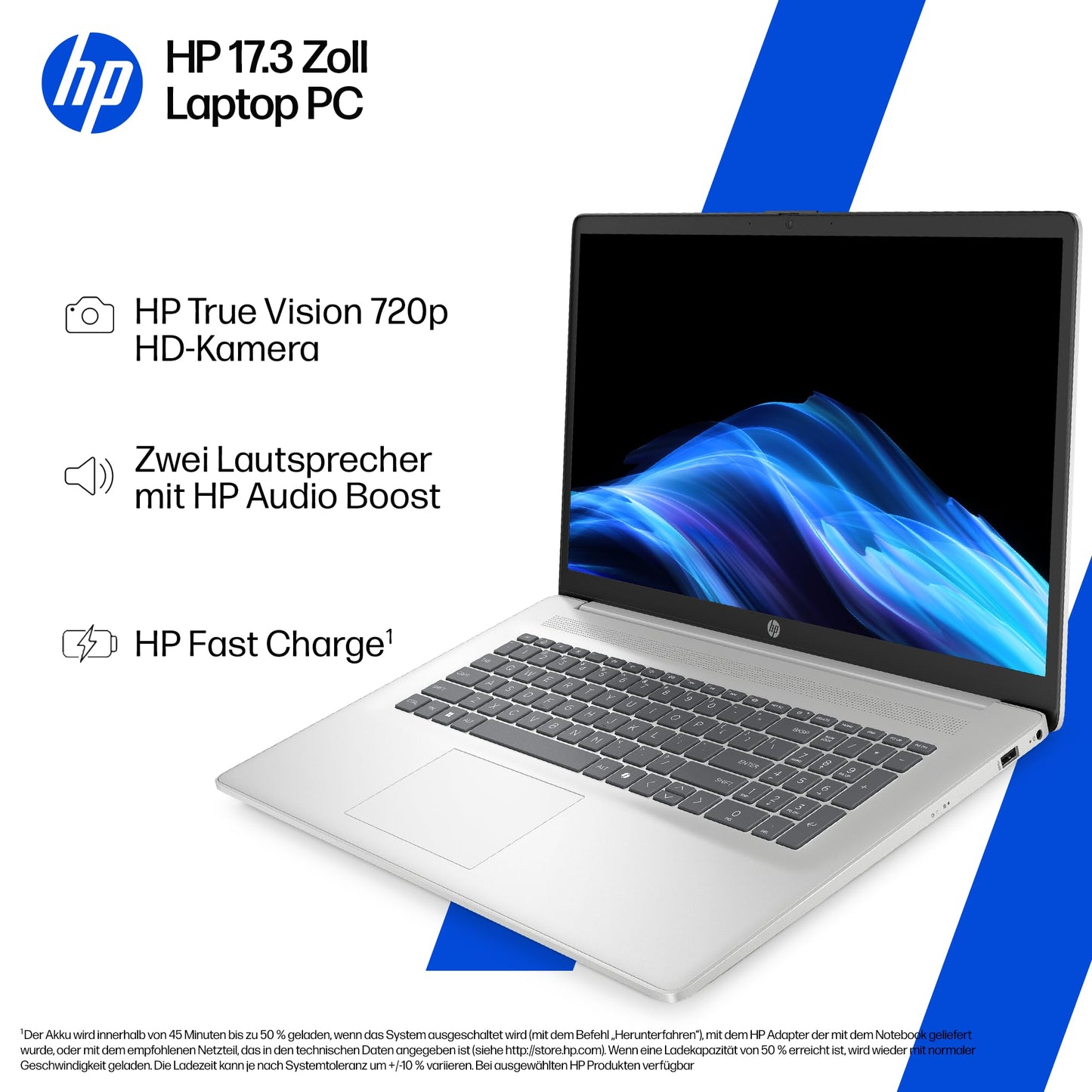 HP laptop with 17.3" FHD display, Intel Core i7-1355U, 16 GB DDR4 RAM, 1 TB SSD, Intel Iris graphics, Windows 11, QWERTZ, silver incl. 25 GB Dropbox storage for 12 months - BZ8R5EA#ABD