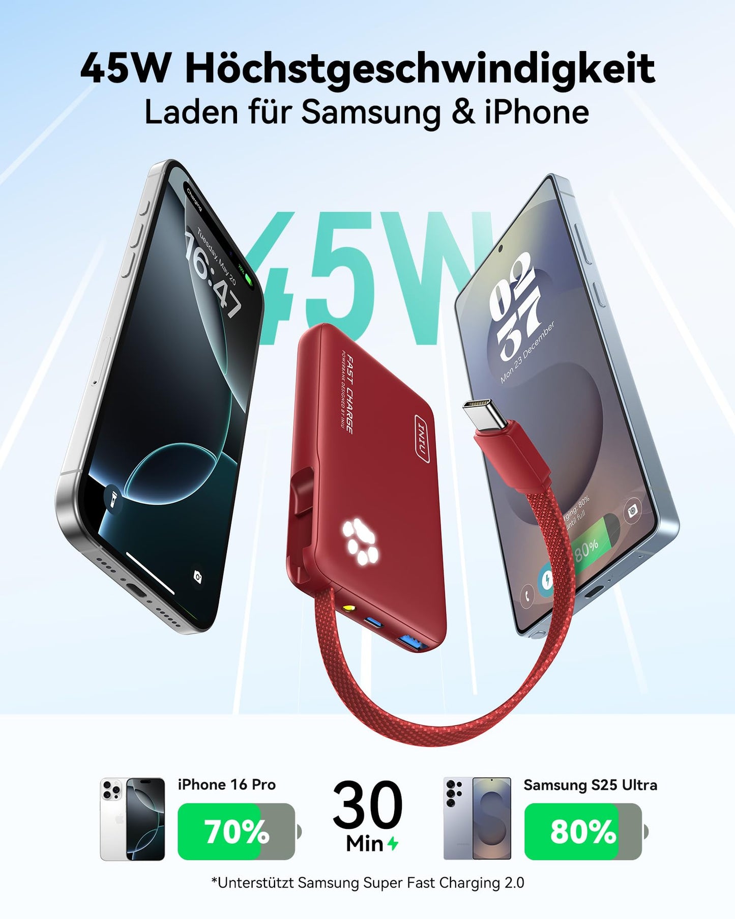 INIU 45W Power Bank, Mini Size 10000mAh PowerBank with Integrated USB-C Cable, Fast Charging External Mobile Phone Batteries USB C In&Out, Small But Strong for iPhone 17 16 15 Xiaomi Mini Samsung, Red - P41L