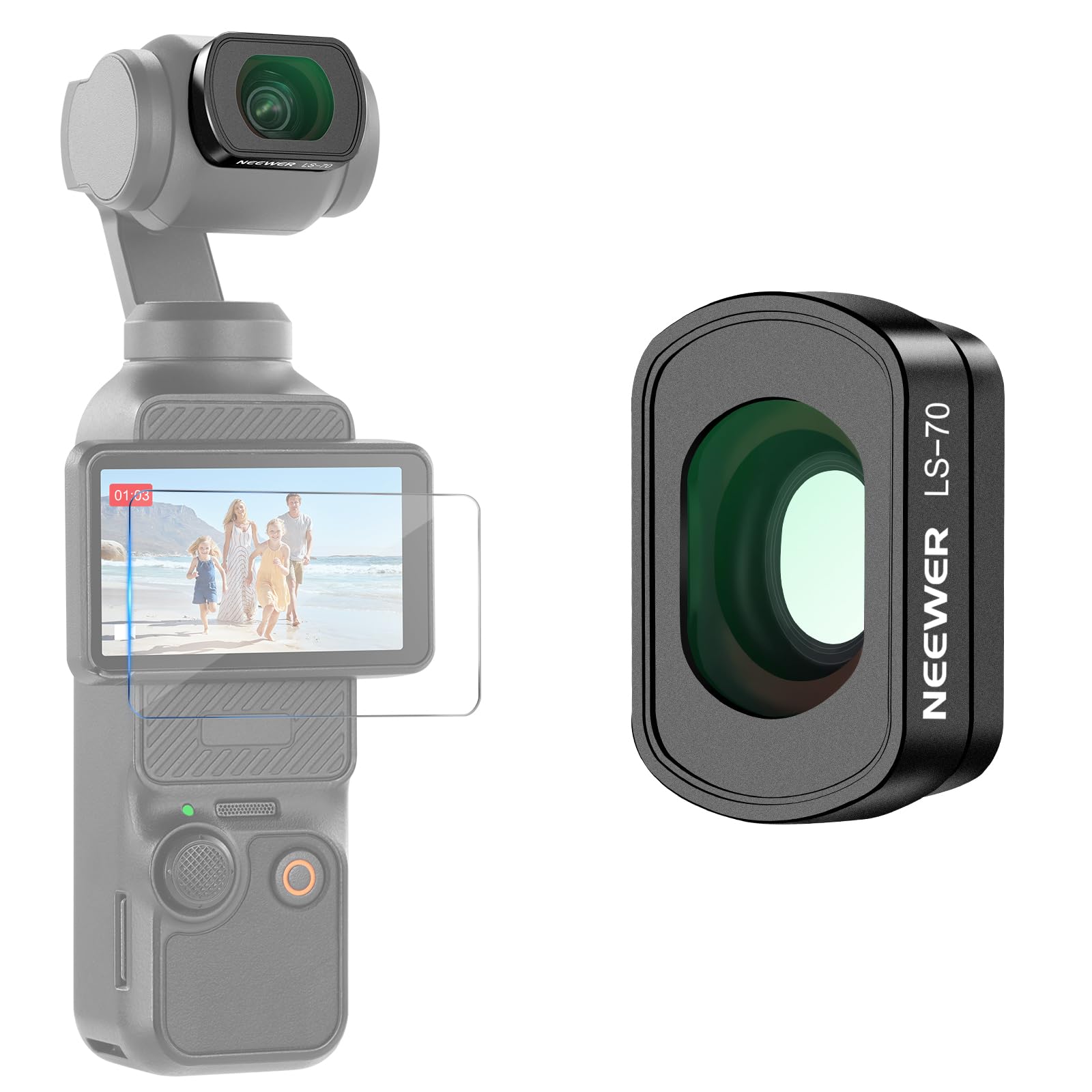 NEEWER 0.72x Wide Angle Lens, 112° Field of View, Compatible with DJI Osmo Pocket 3 / Pocket 4 / Xtra Muse, Magnetic Action Camera with Aspherical Lens and Screen Protector, LS-70