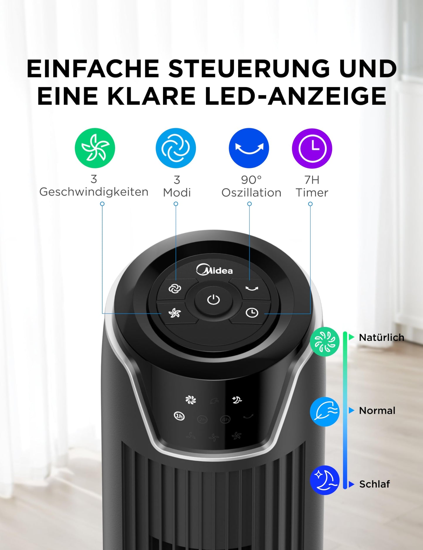 Midea FZ10-17JR Tower Fan Quiet with Remote Control 92CM, Mobile Fan, Column Fan, 7 Hour Timer, 3 Modes, 3 Speeds, 45W Stand Fan, Black
