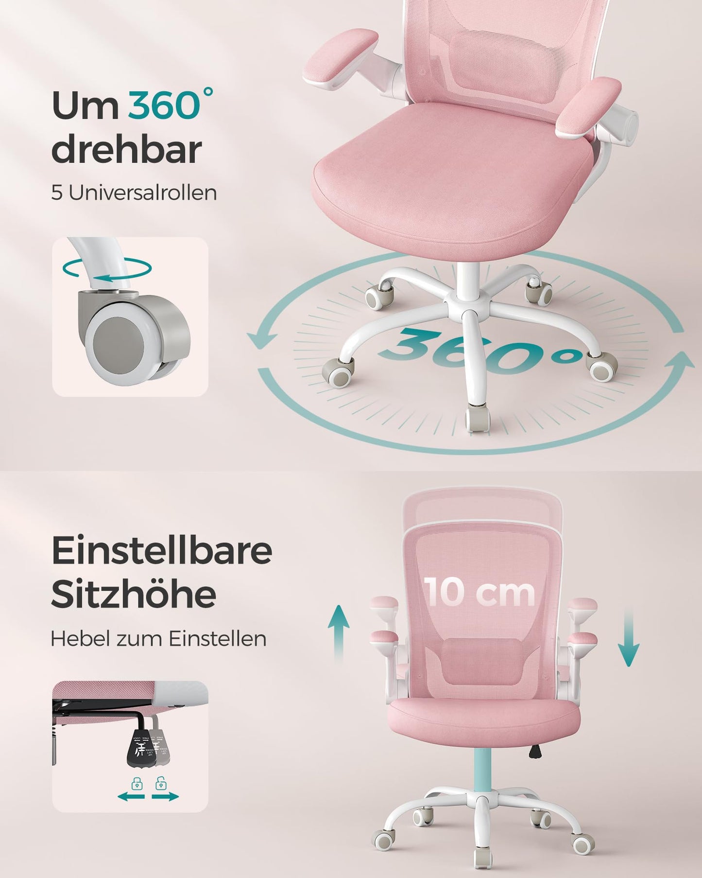 SONGMICS Office Chair Ergonomic, Swivel Chair with Mesh, Lumbar Support, Rocker Function, 53cm Seat, Folding Armrests, Study and Bedroom, Students, Pastel Pink OBN037R01