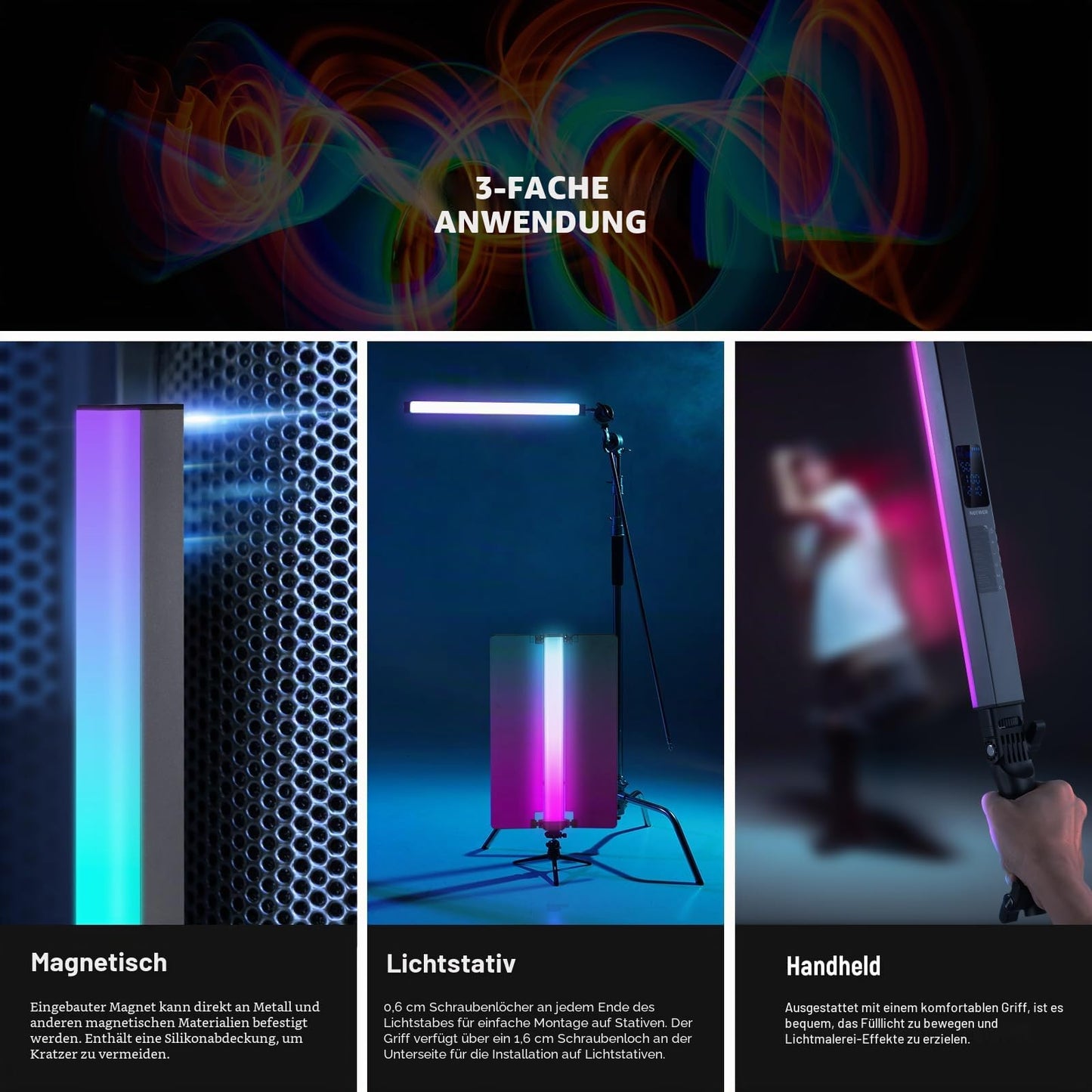 NEEWER RGB2 LED video light light stick with metal barn door handle touch bar/APP/2.4G control rechargeable magnetic RGB video light, 2500K-10000K CRI98+ dimmable photo lighting 18 scenes