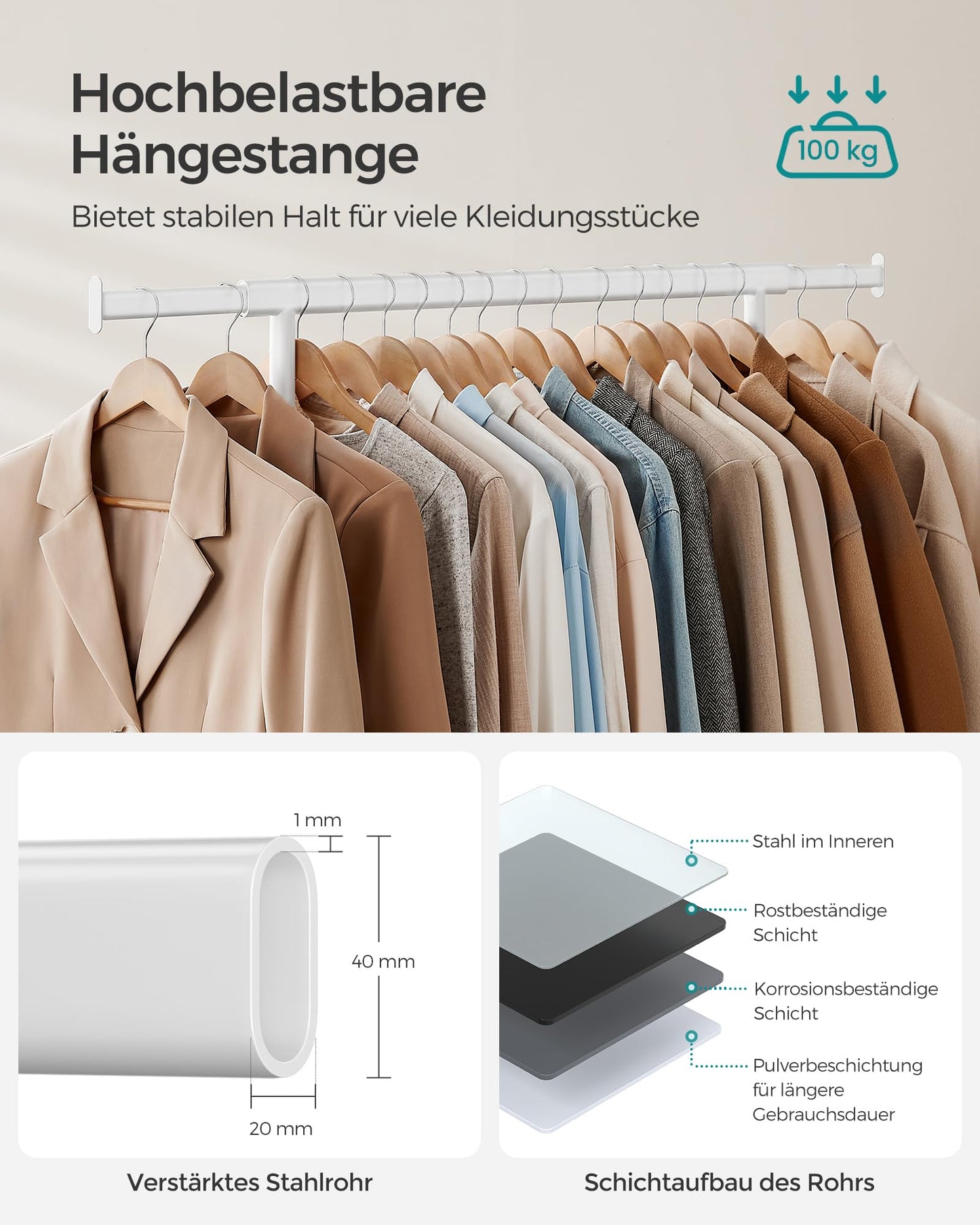 SONGMICS clothes rack on wheels, heavy-duty coat rack, extendable clothes rail, loads up to 100 kg, easy assembly, transportable, white HSR013W01