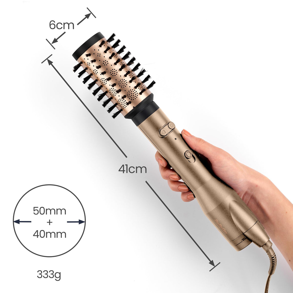 BaByliss Big Hair Dual Perie rotativă cu aer cald – Tehnologie cu ioni pentru anti-frizz, accesorii de 50mm și 40mm, 2 direcții de rotație, 2 setări de temperatură + buton de aer rece, champagne, AS952E