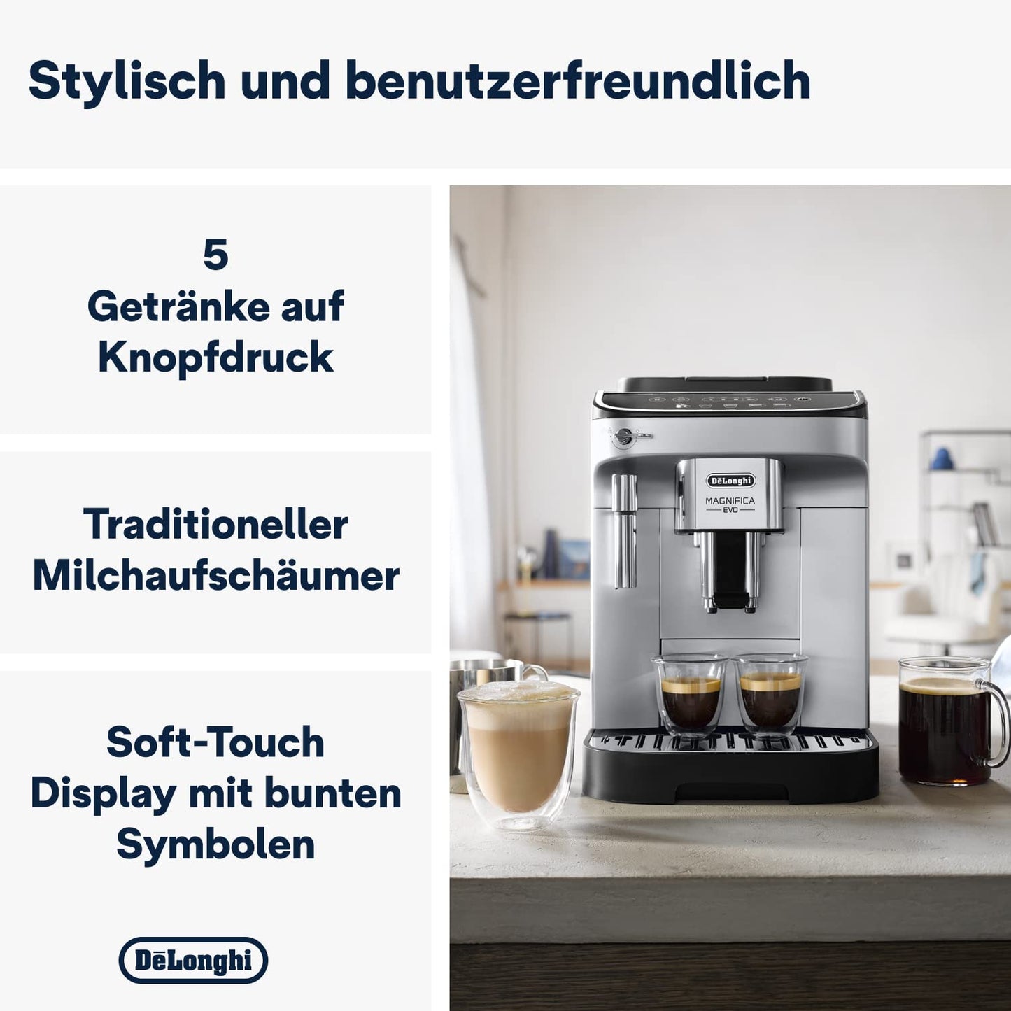 De’Longhi Magnifica Evo - Perfetto fully automatic coffee machine with classic milk frother, 4 one-touch drinks, cappuccino, espresso coffee machine, soft-touch control panel, silver (ECAM292.33.SB)