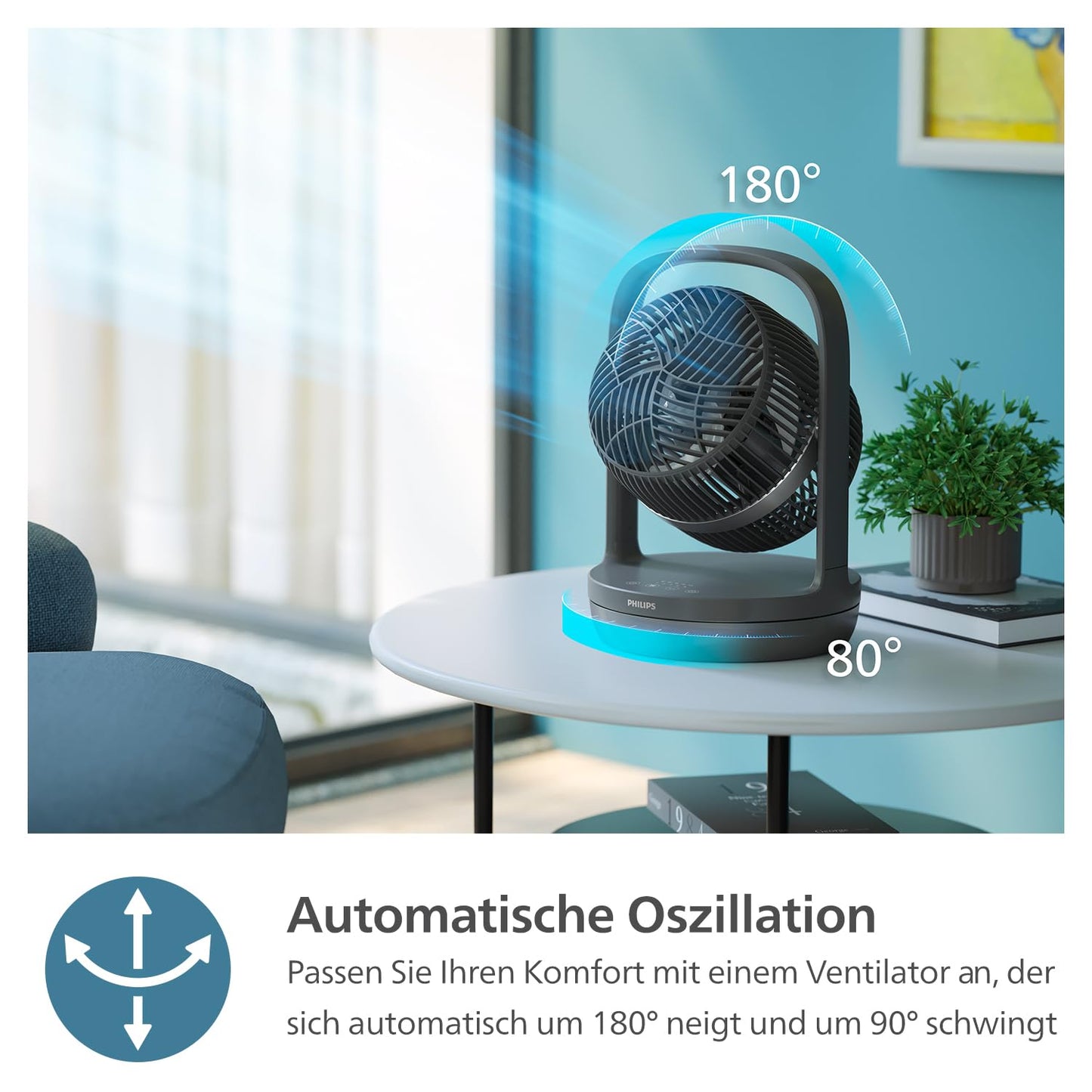 Philips Oscillating Table Fan Series 3000, Strong & Super Quiet with SilentWings Technology at 23 dB, Easy to Carry, Tilt 180°, Timer, Black (CX3050/01)