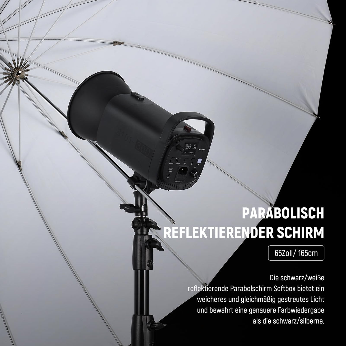 NEEWER Umbrelă parabolică reflexivă de 165cm pentru studiouri foto, cu interior alb, iluminare moale cu capac de difuzie, geantă, ușor de pliat pentru cameră video, NS3U - 10103472