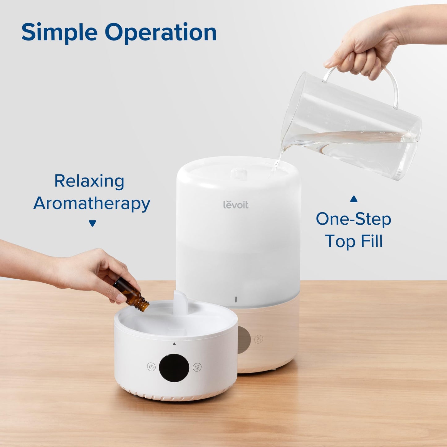 LEVOIT 3L 19dB lesie Top Fill Humidifier, 360° Rotating Nozzle Cool Mist Humidifier, 25H, Room Humidifier & Aroma Diffuser for Children's Room Bedroom Plants, Automatic Shut-Off, White - LUH-D301S-WUS